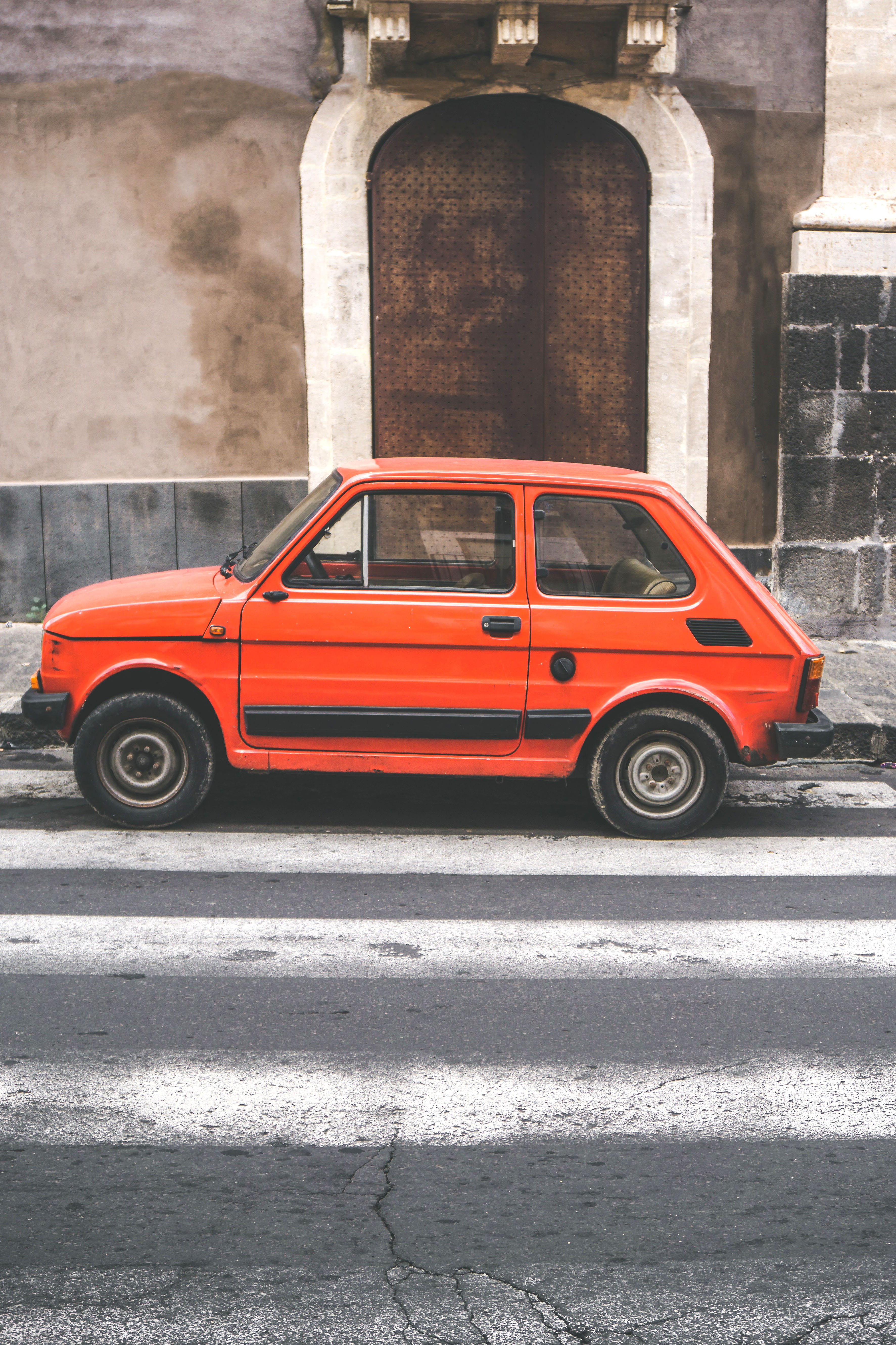 transportation, outdoors, abstract, mode of transportation, red, parking, italy, retro styled, motor vehicle, urban, crosswalk, fiat, walk, architecture, Phone HD Wallpaper