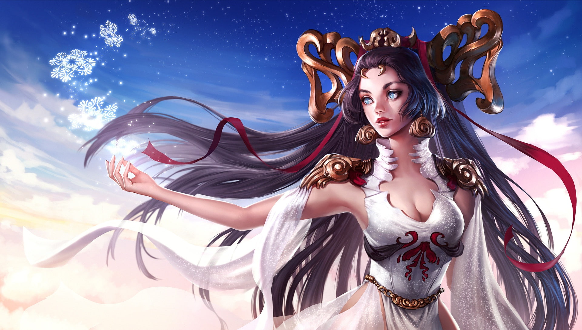 Godess, Ilse Harting, snowflakes, art, girl, fantasy, magic, 1080P, HD Wallpaper
