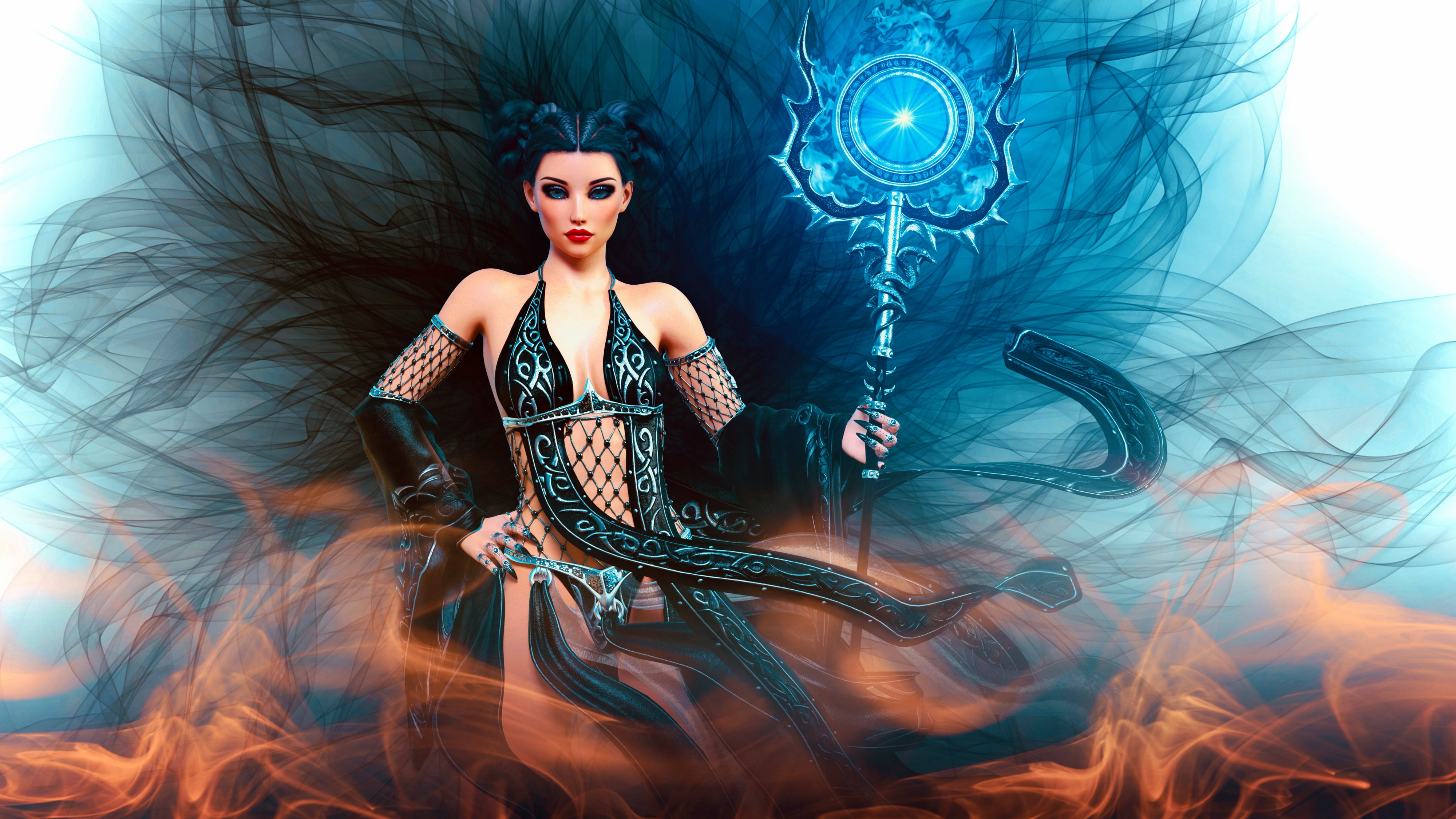 trident, girl, 4K, fantasy girl, godess, sorceres, HD Wallpaper