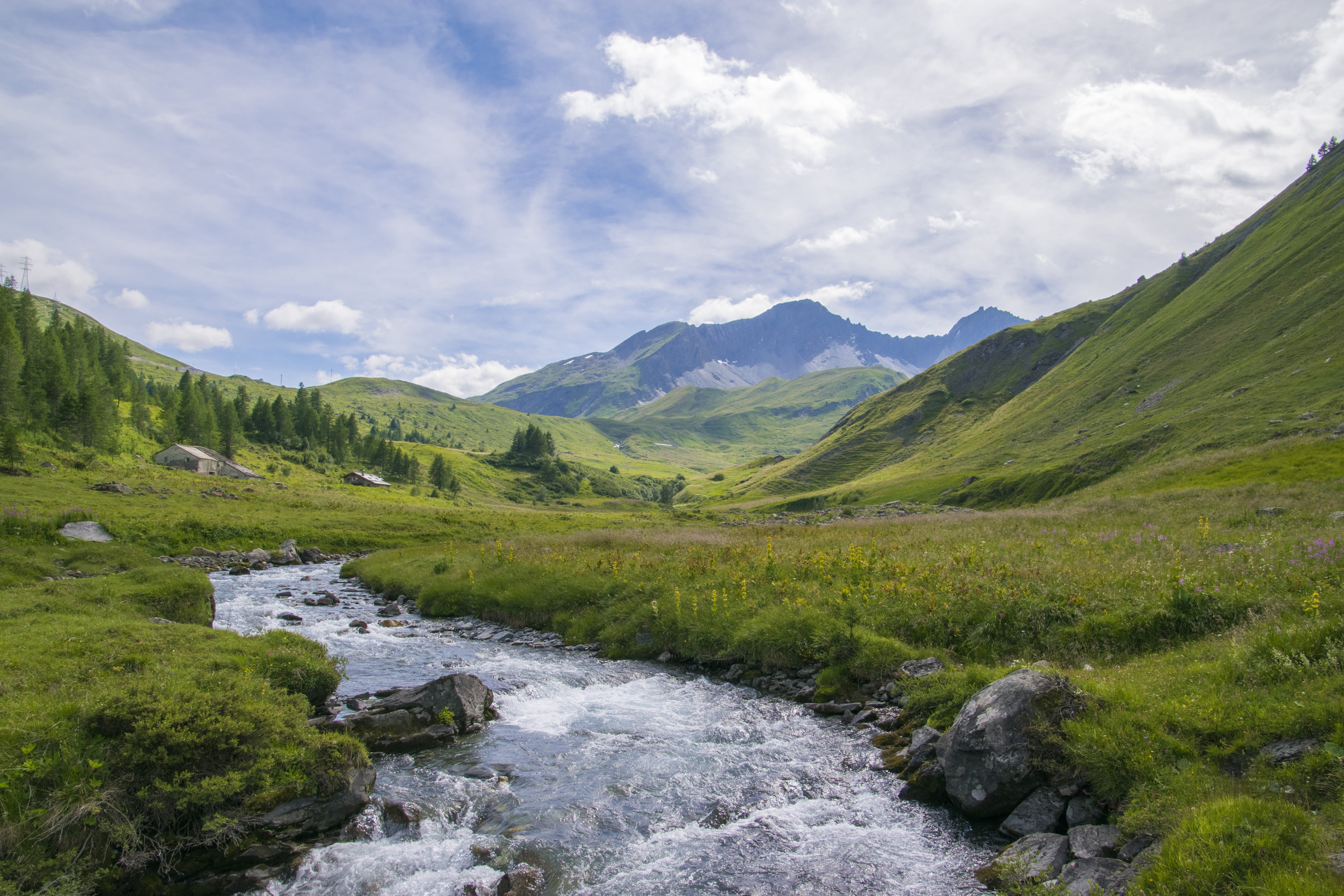 alps, surrounded, land, valley, vacations, river, plant, alm, flowing, italy, no people, tranquil scene, green color, tranquility, beauty in nature, green, HD Wallpaper