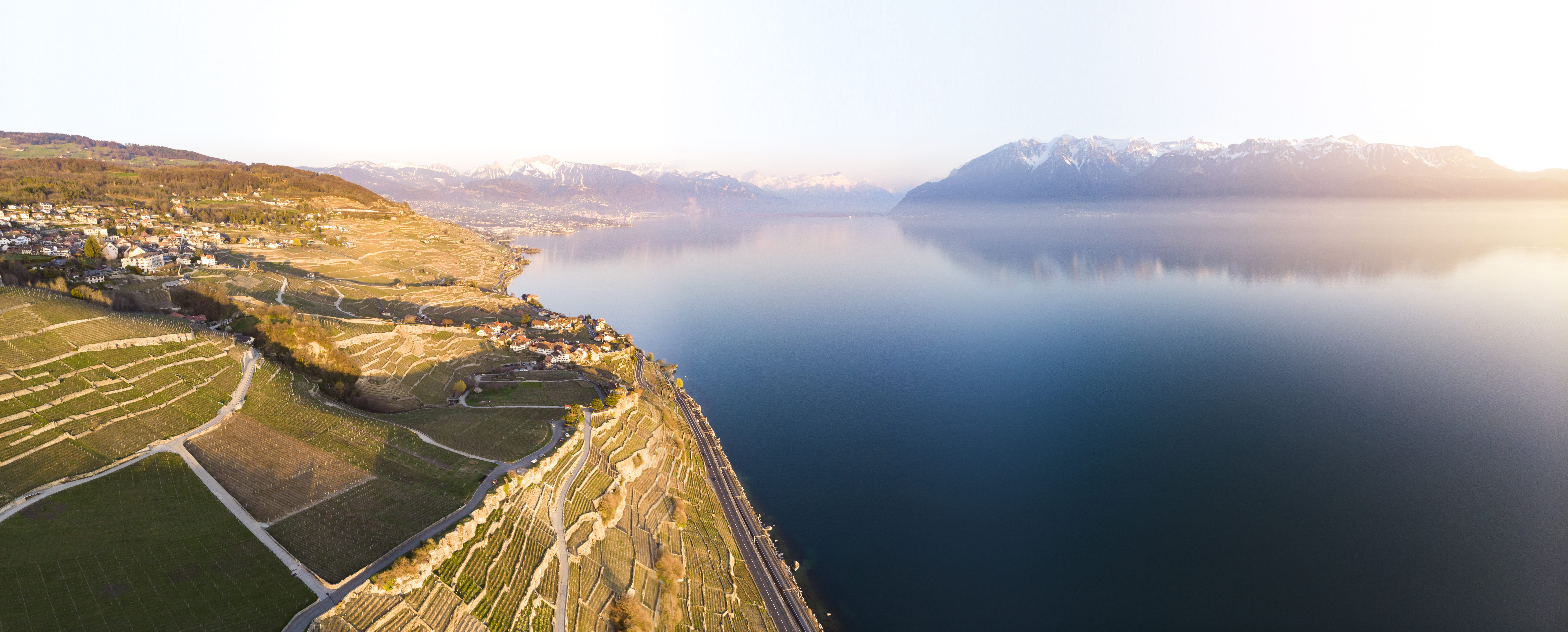 switzerland, coast, scenery, mountain, tranquil scene, nature, sky, travel, bay, panoramic, sunlight, chexbres, reflection, shoreline, land, tranquility, HD Wallpaper