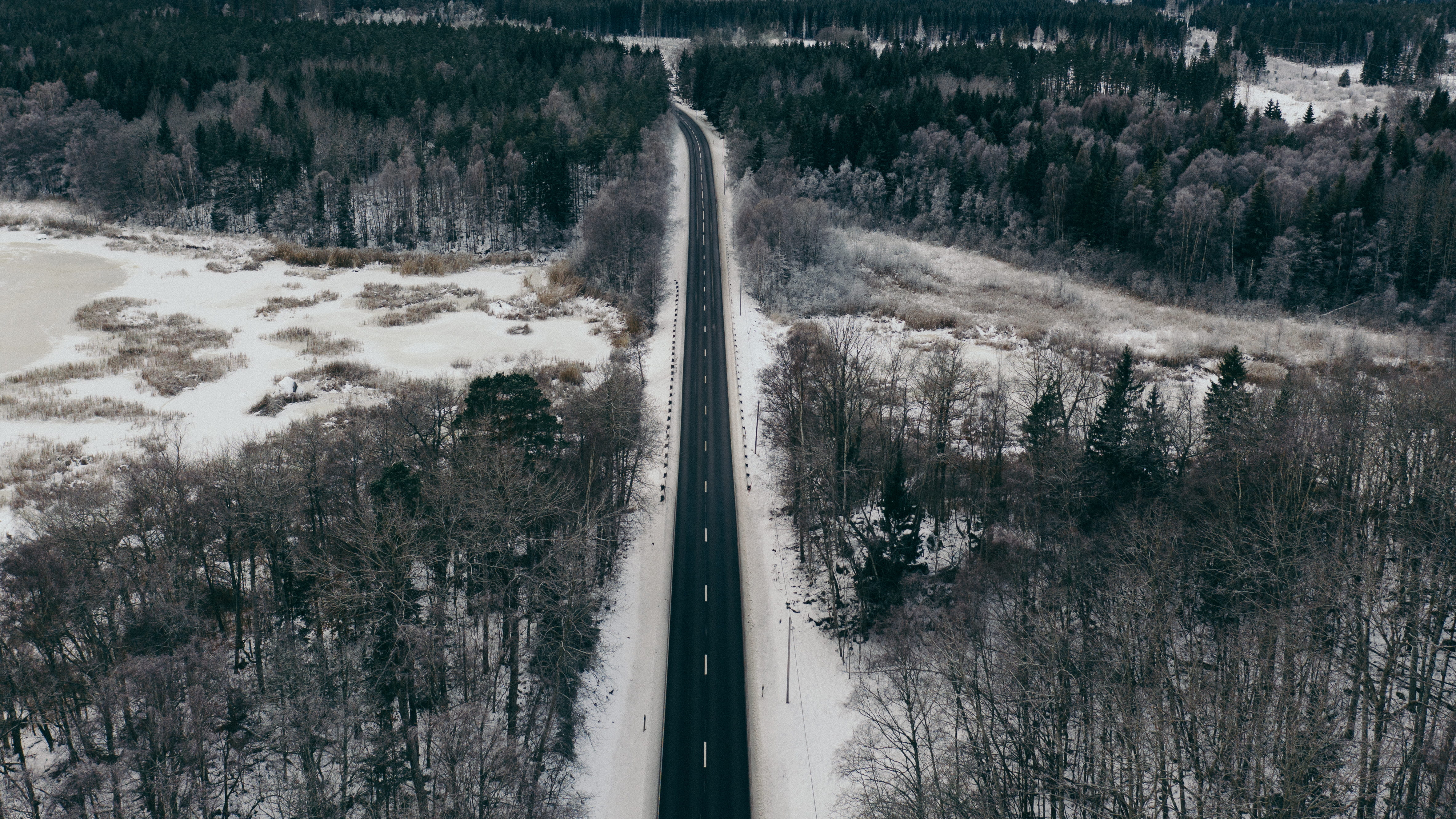 drone, nature, landscape, 4K, land, outdoors, road, lake, transportation, snow, beauty in nature, water, plant, grey, uppsala ö, scenics - nature, tranquil scene, HD Wallpaper