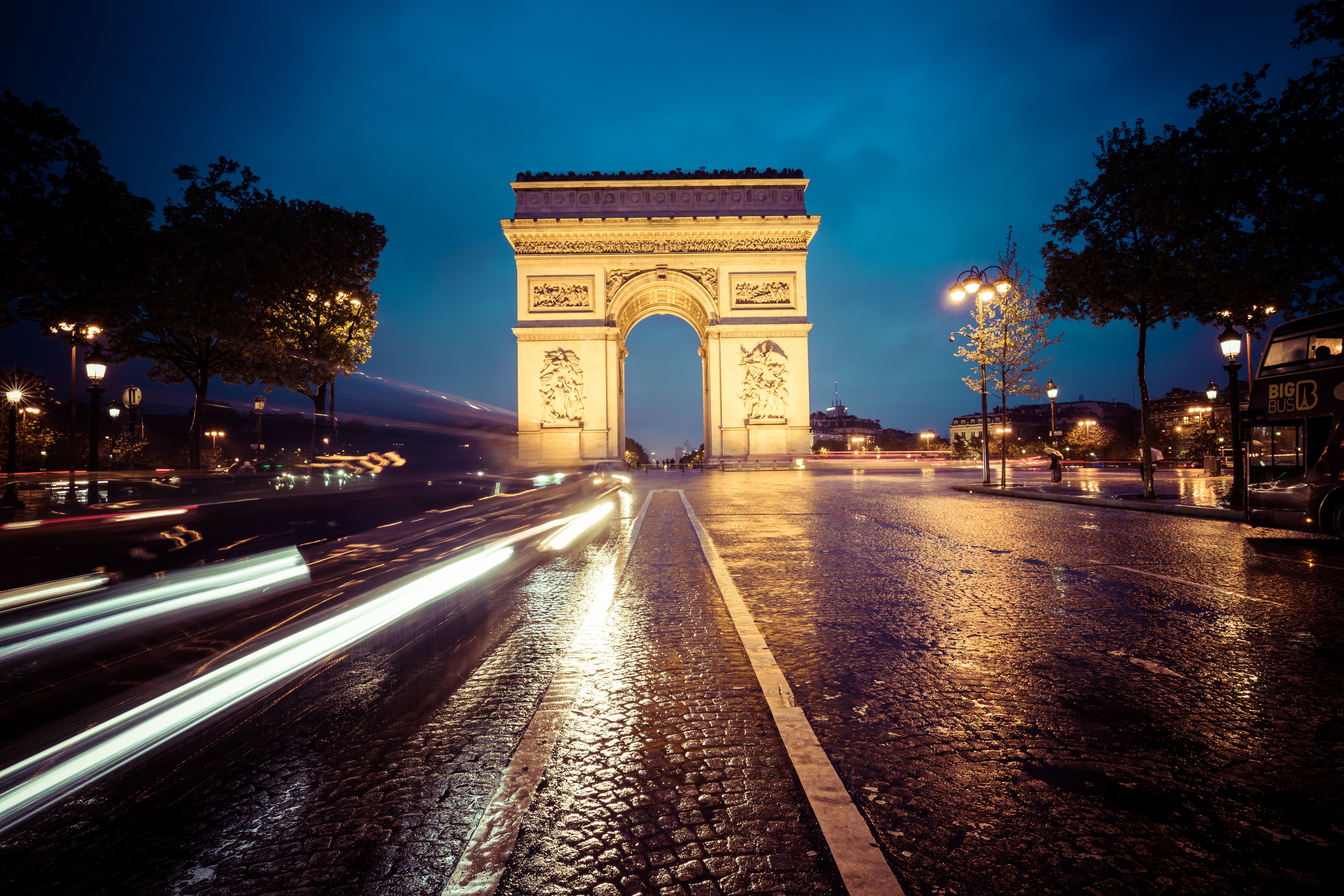 Arc de Triomphe, lights, clouds, bus, night, auto, street, trees, the sky, Paris, France, Champs-Élysées, 5K, HD Wallpaper