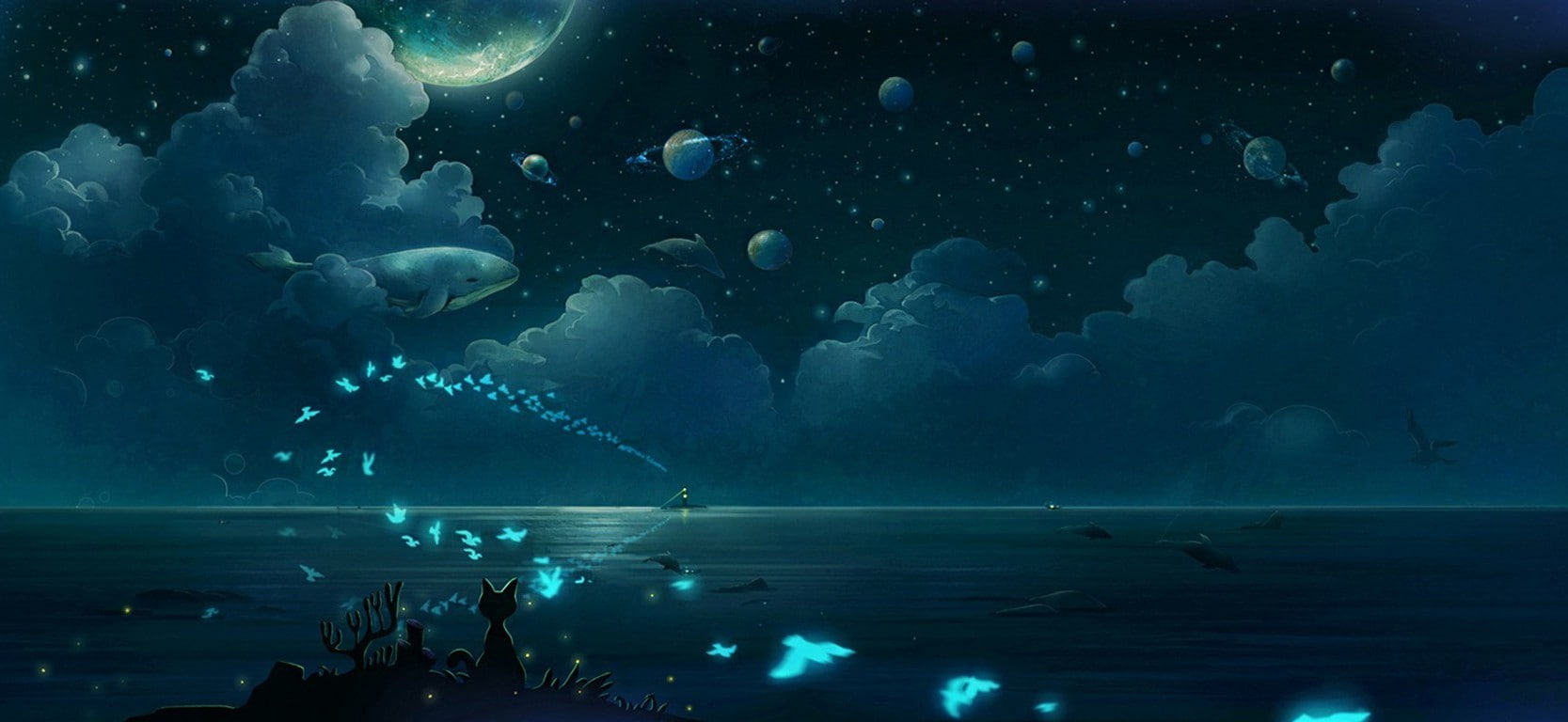 planet, moonlight, birds, clouds, night, cat, animals, butterfly, 720P, Whale, fish, HD Wallpaper