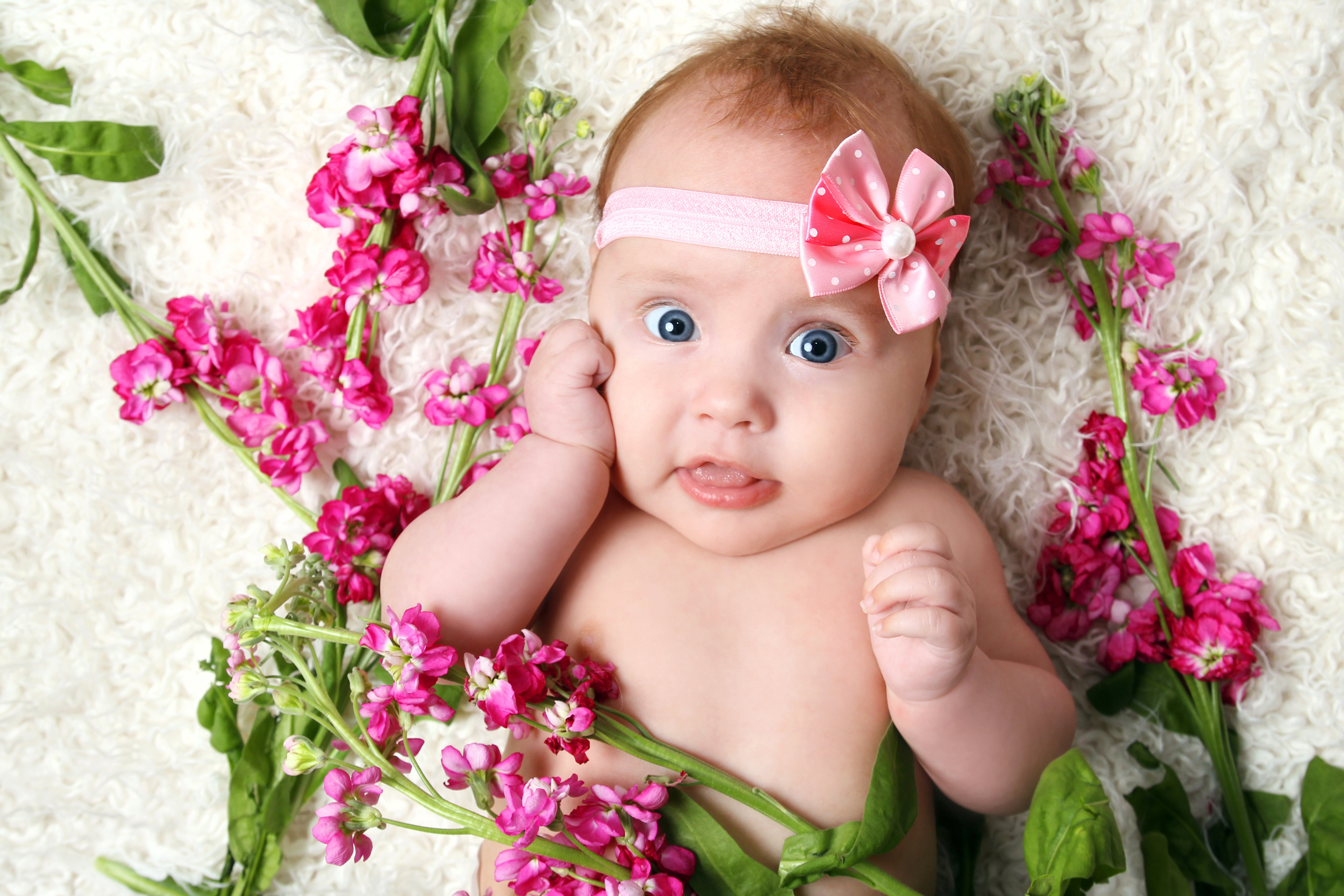 people, baby, big blue eyes, lovable, females, springtime, beautiful girl, pink, beautiful, single Flower, small, little girl, happy, smiling, flowering plant, HD Wallpaper
