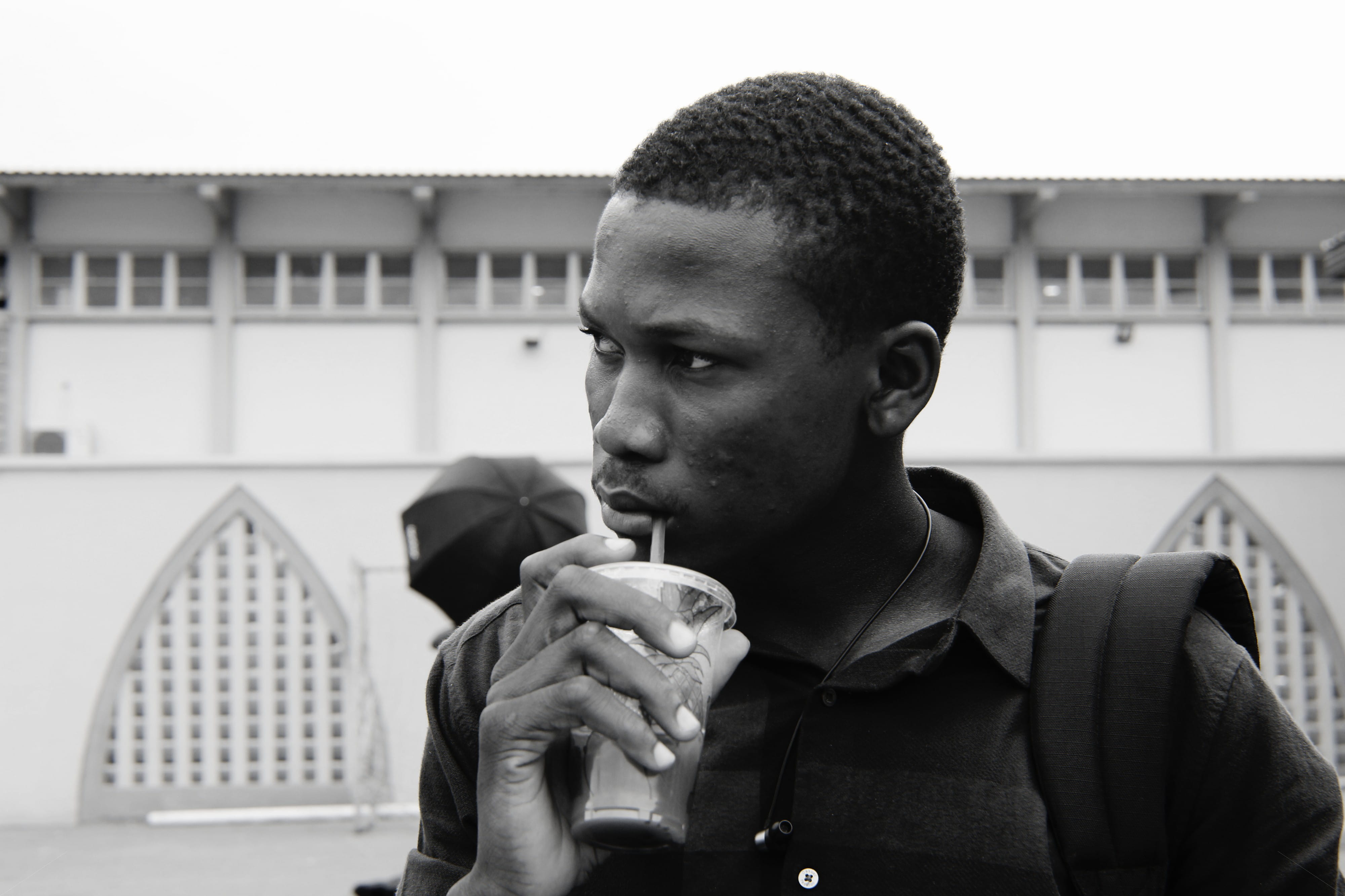 person, drinking, lifestyles, contemplation, 4K, young men, slurping, monochrome, unknown, focus on foreground, smoke, apparel, holding, one, refreshment, HD Wallpaper