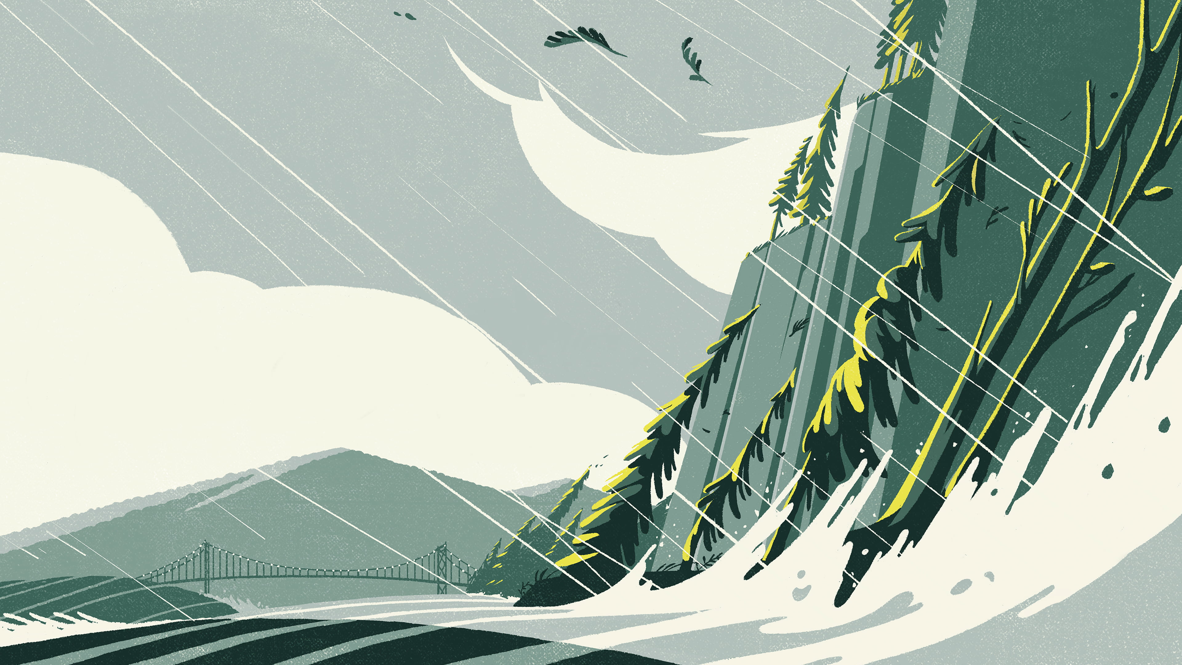 artwork, trees, pine trees, Tom Haugomat, 4K, coastline, illustration, digital art, HD Wallpaper