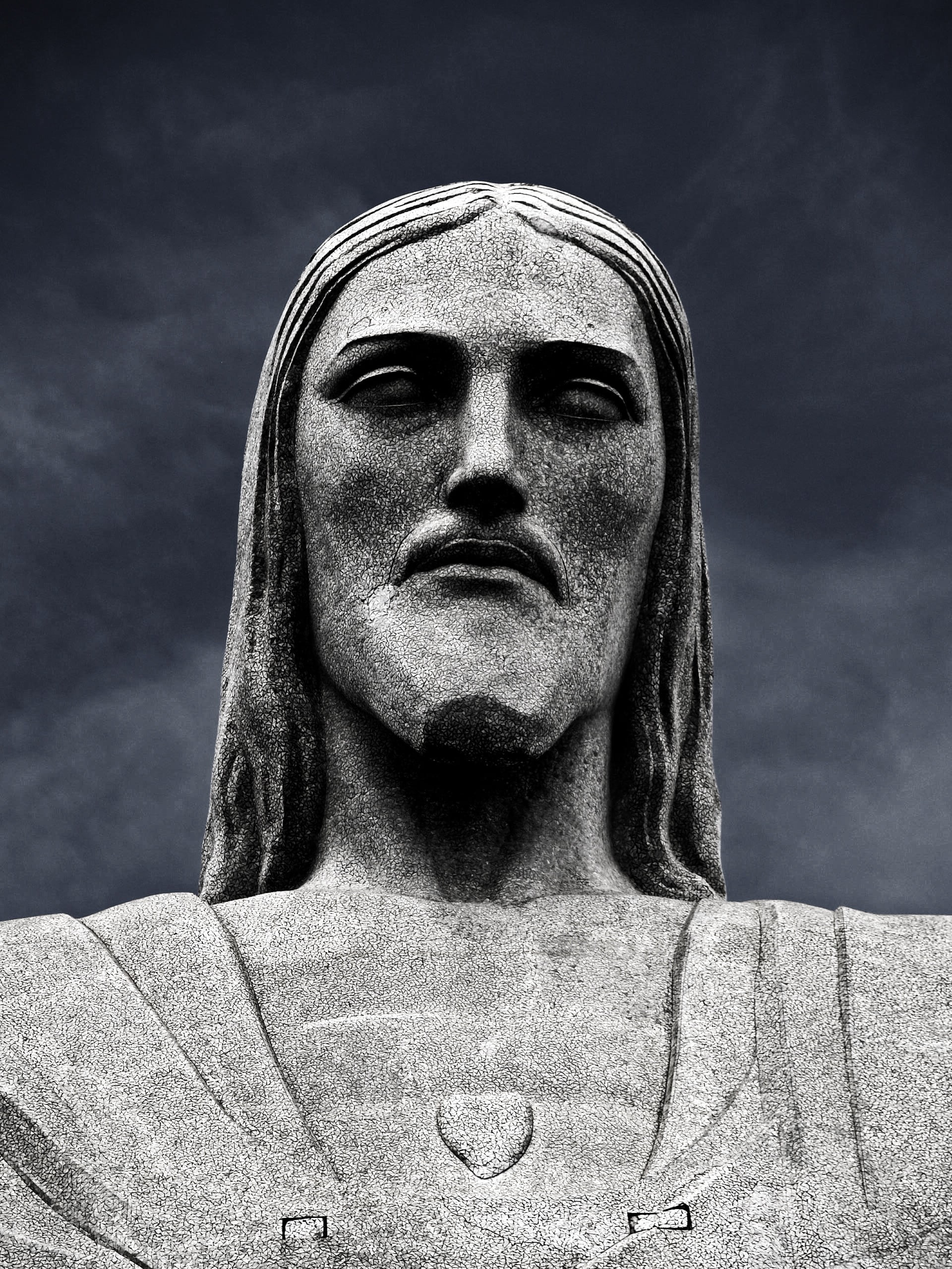 front view, history, tourist attraction, low angle view, sculpture, close-up, sky, brazil, digital art, art and craft, human representation, corcovado, Phone HD Wallpaper