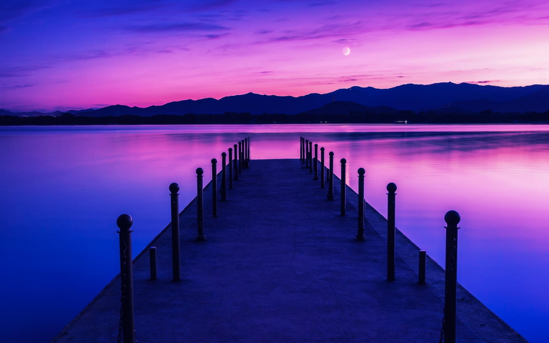purple, pier, nature, the way forward, wooden post, idyllic, scenics - nature, tranquil scene, beauty in nature, bay, no people, jetty, 1080P, direction, HD Wallpaper