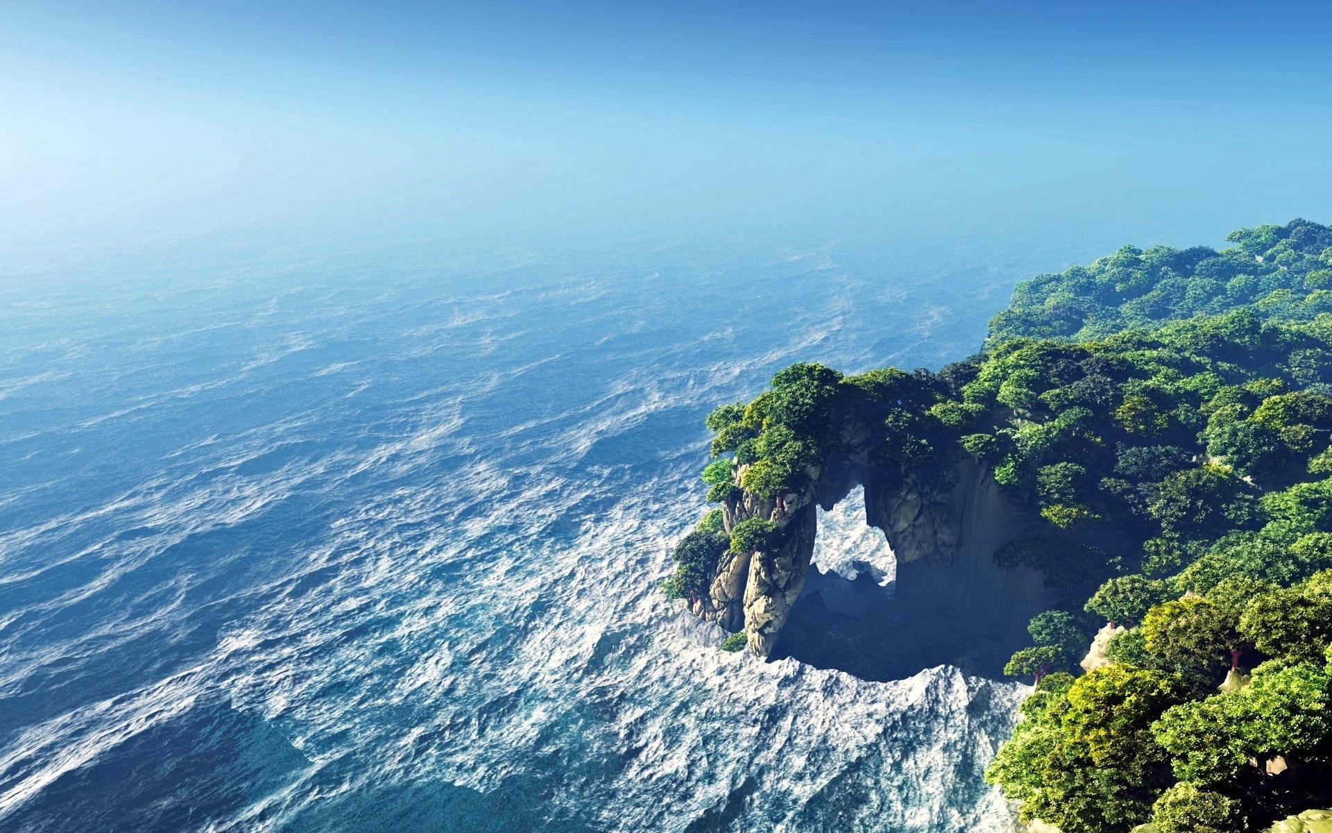 land, rock, CGI, bay, outdoors, waves, environment, beauty in nature, beach, rock - object, sky, tranquil scene, sea, water, scenics - nature, idyllic, HD Wallpaper