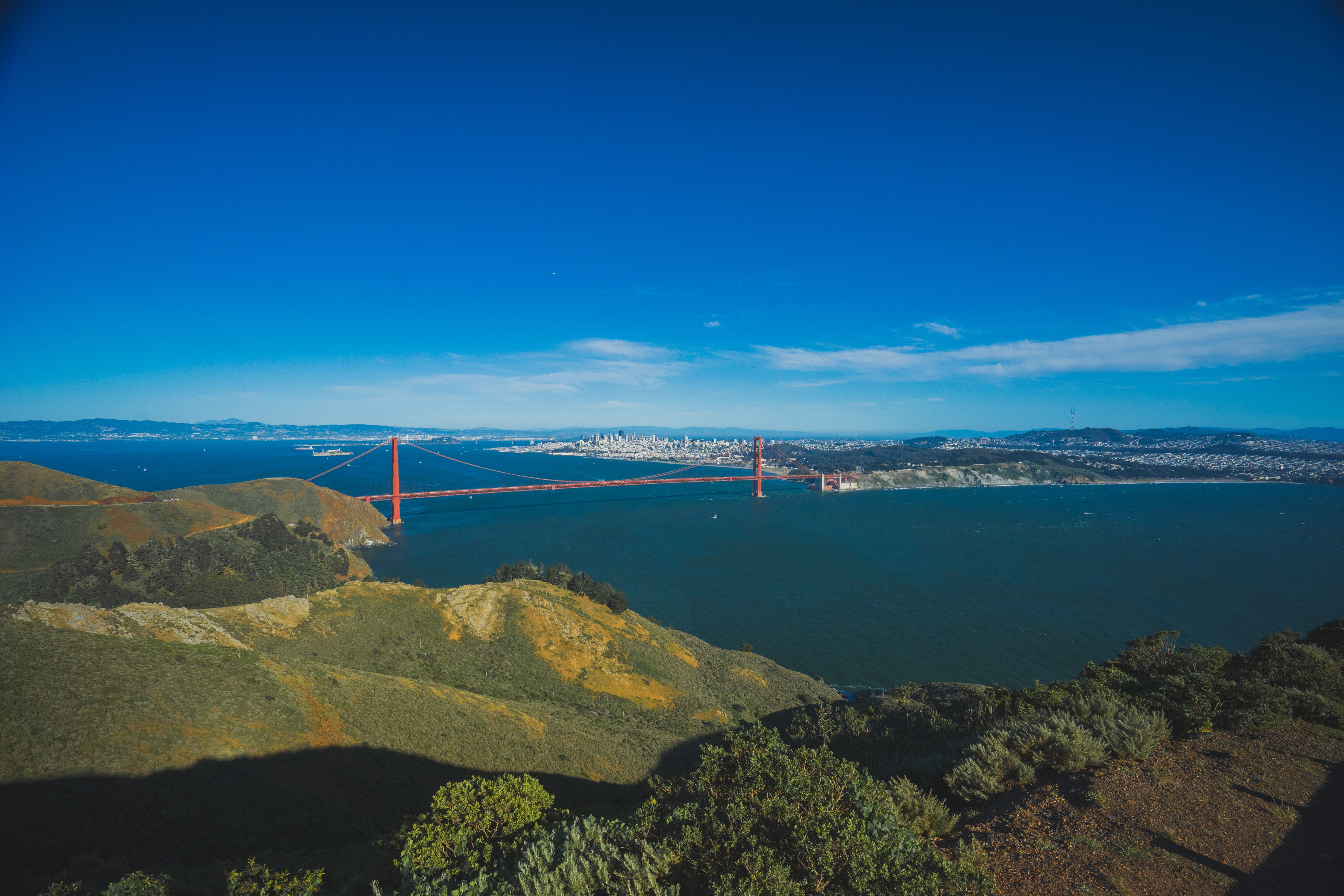 sky, water, scenics - nature, travel Locations, bridge, steel, day, architecture, mountain, san, gate, Area, land, environment, aerial View, sea, aerial, HD Wallpaper