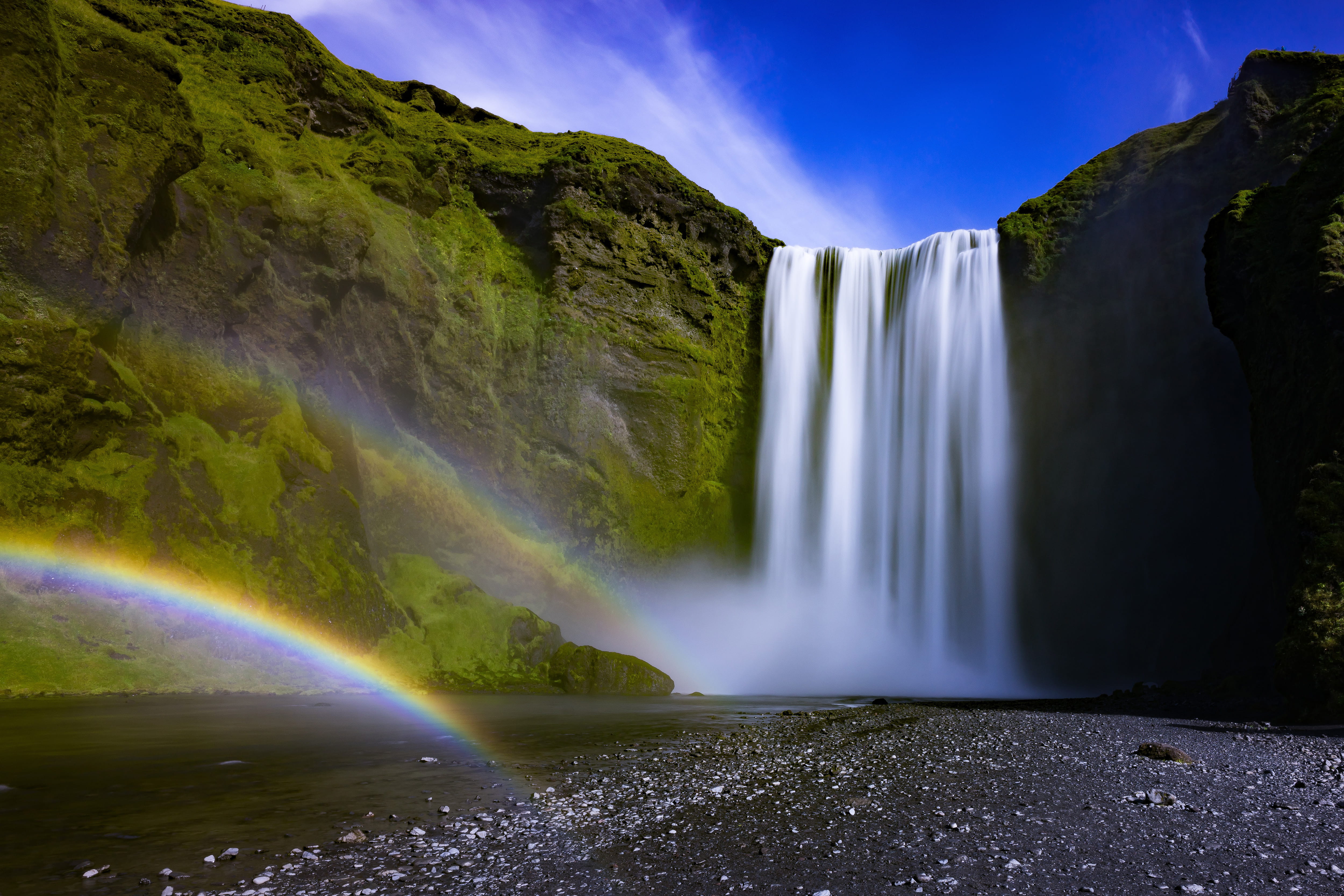 exposure, waterfall, no people, Long exposure, power in nature, rainbow, travel, river, 4K, flowing, Iceland, falling, water, land, clean, landscape, stream - flowing water, HD Wallpaper