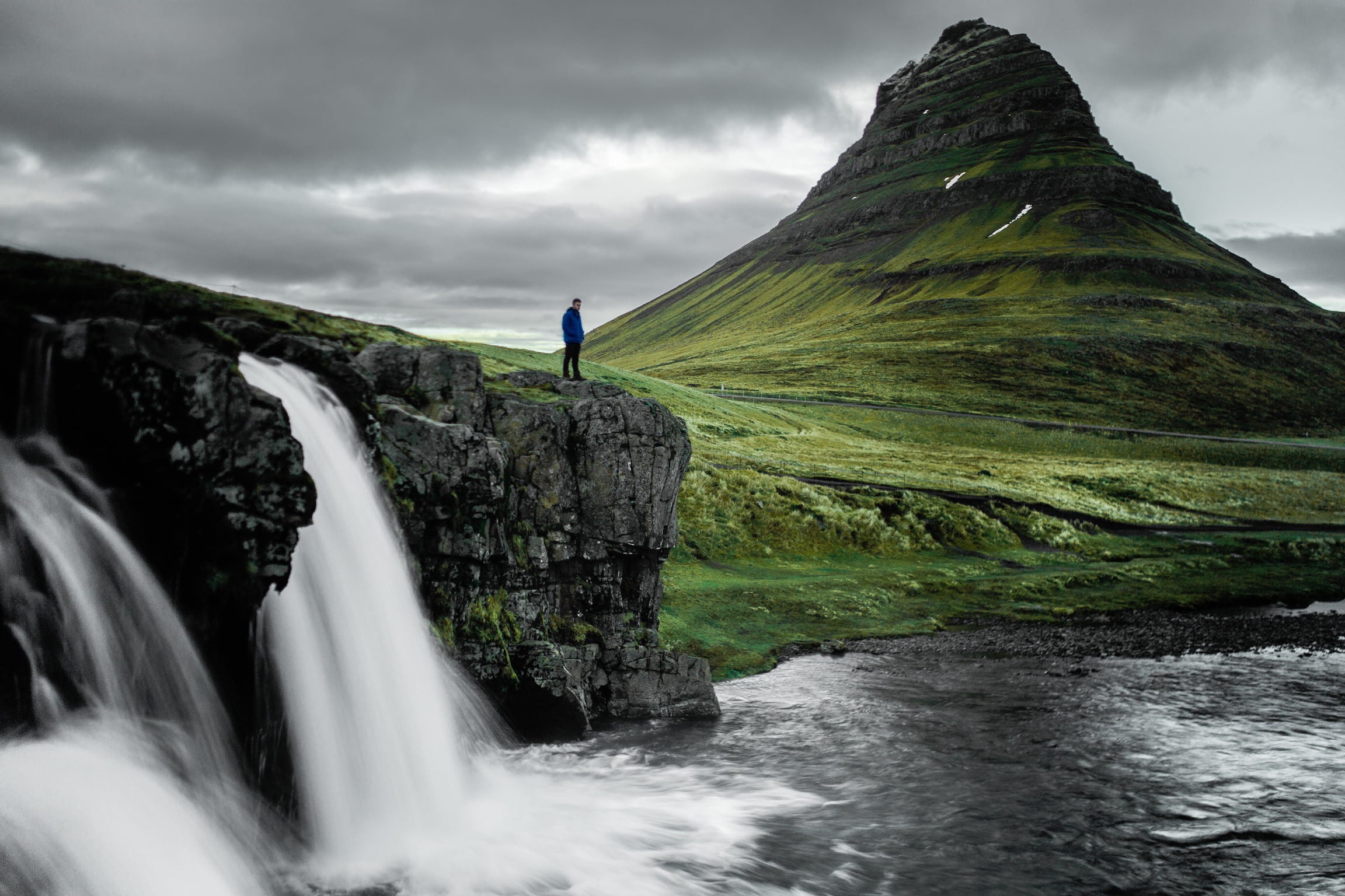 standing, landforms, non-urban scene, scenics - nature, daytime, waterfall, sky, river, scenics, land, grass, long exposure, beauty in nature, water, 1080P, HD Wallpaper