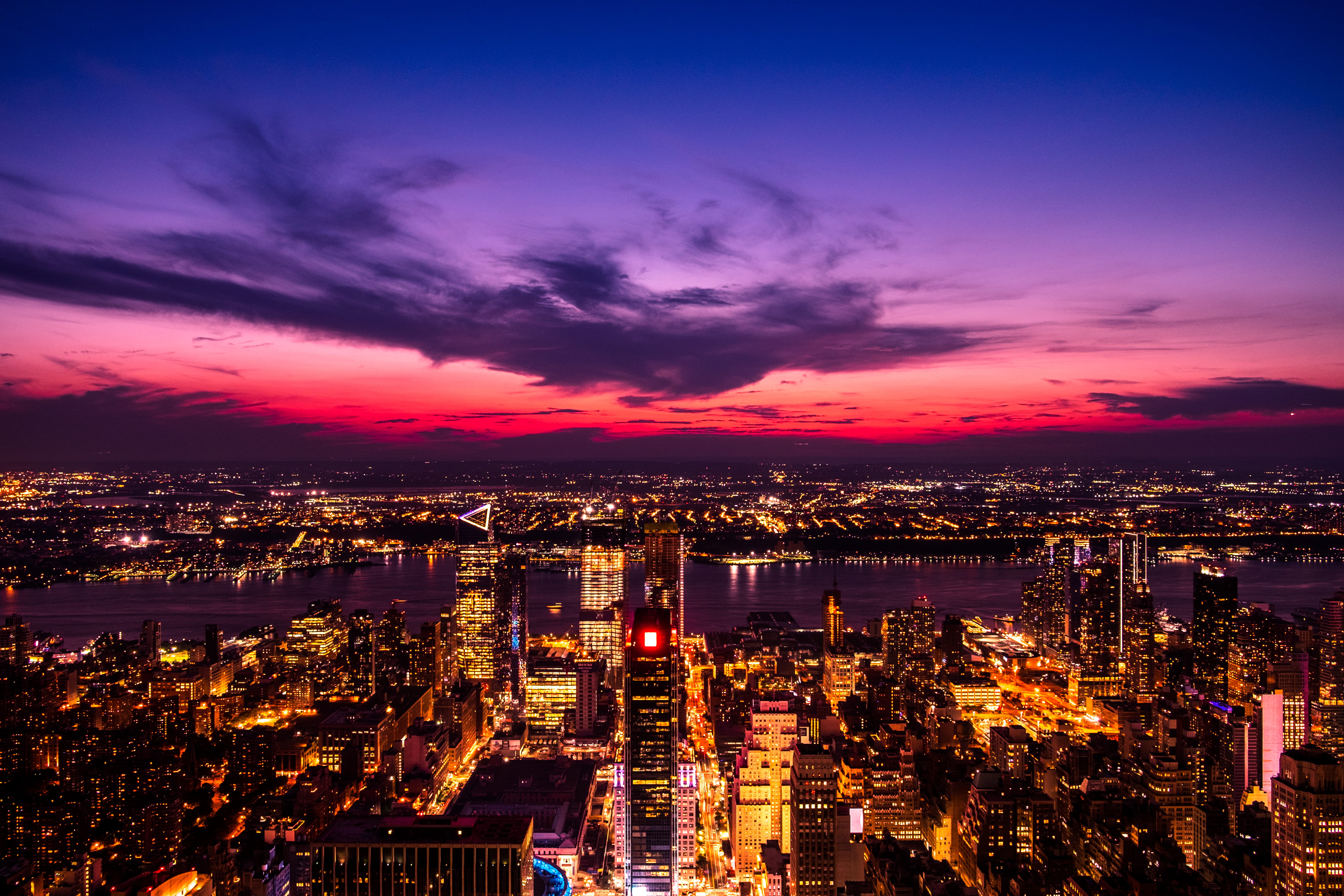 panoramic view, citylights, building exterior, photography, skyscraper, architecture, evening sky, residential district, skyscrapers, light, 4K, aerial, HD Wallpaper