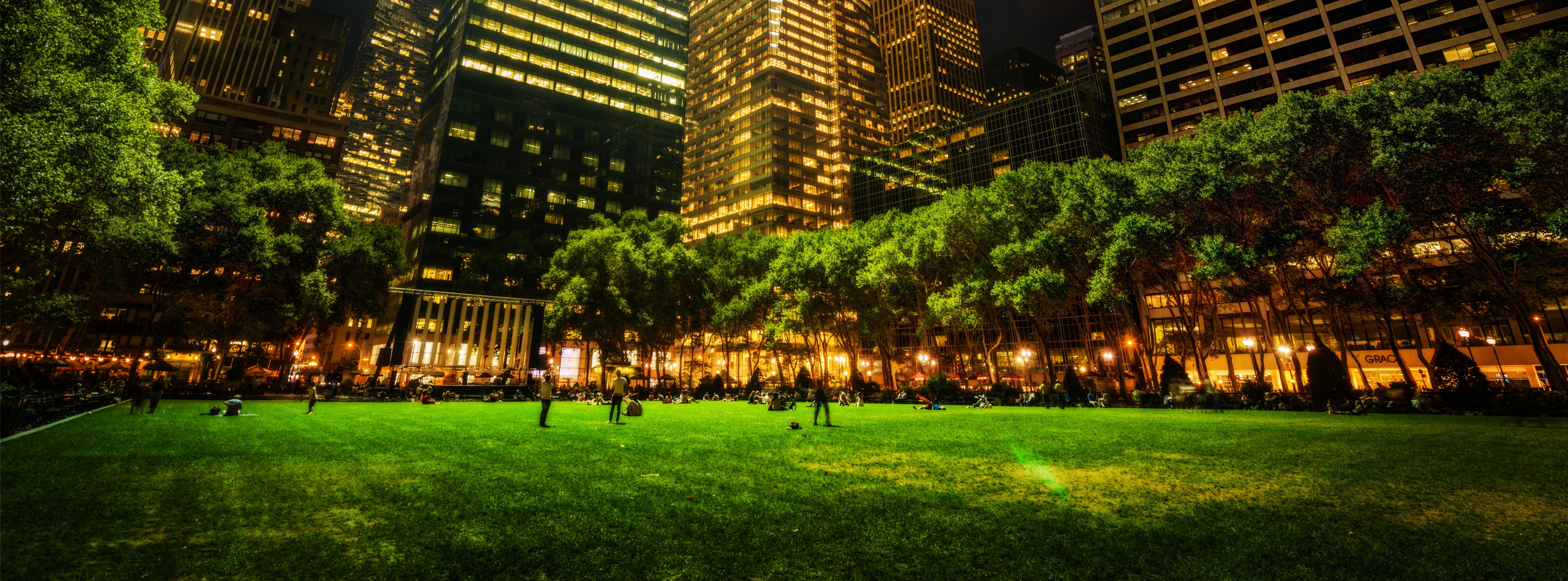 Night, green, people, grass, growth, architecture, 5K, Park, green color, Bryant, field, plant, illuminated, outdoors, building exterior, new, nature, HD Wallpaper