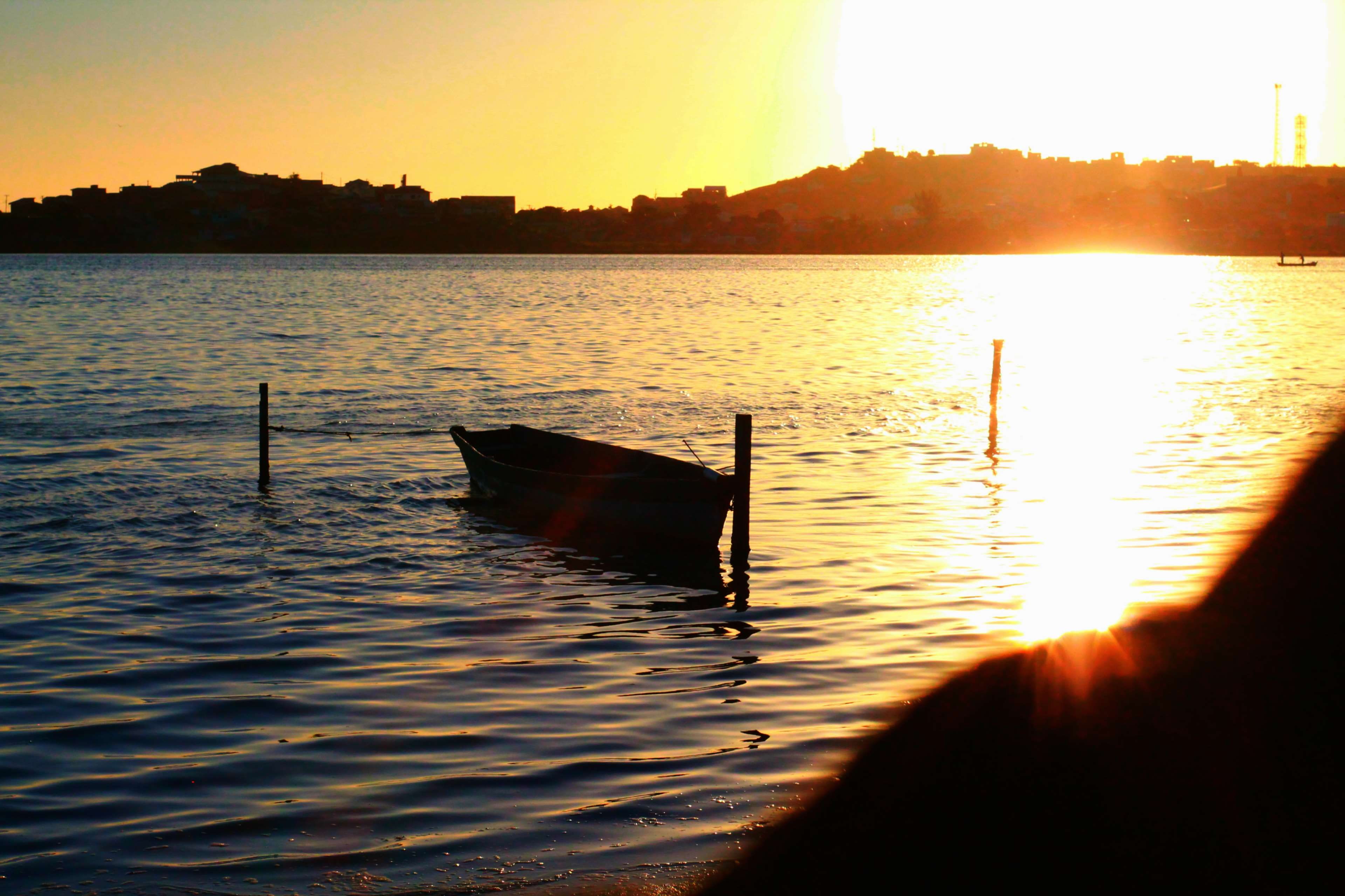 transportation, silhouette, tranquil scene, sun, sunlight, bright, outdoors, blue lagoon, afternoon, mode of transportation, cabo frio, rowboat, scenics - nature, HD Wallpaper