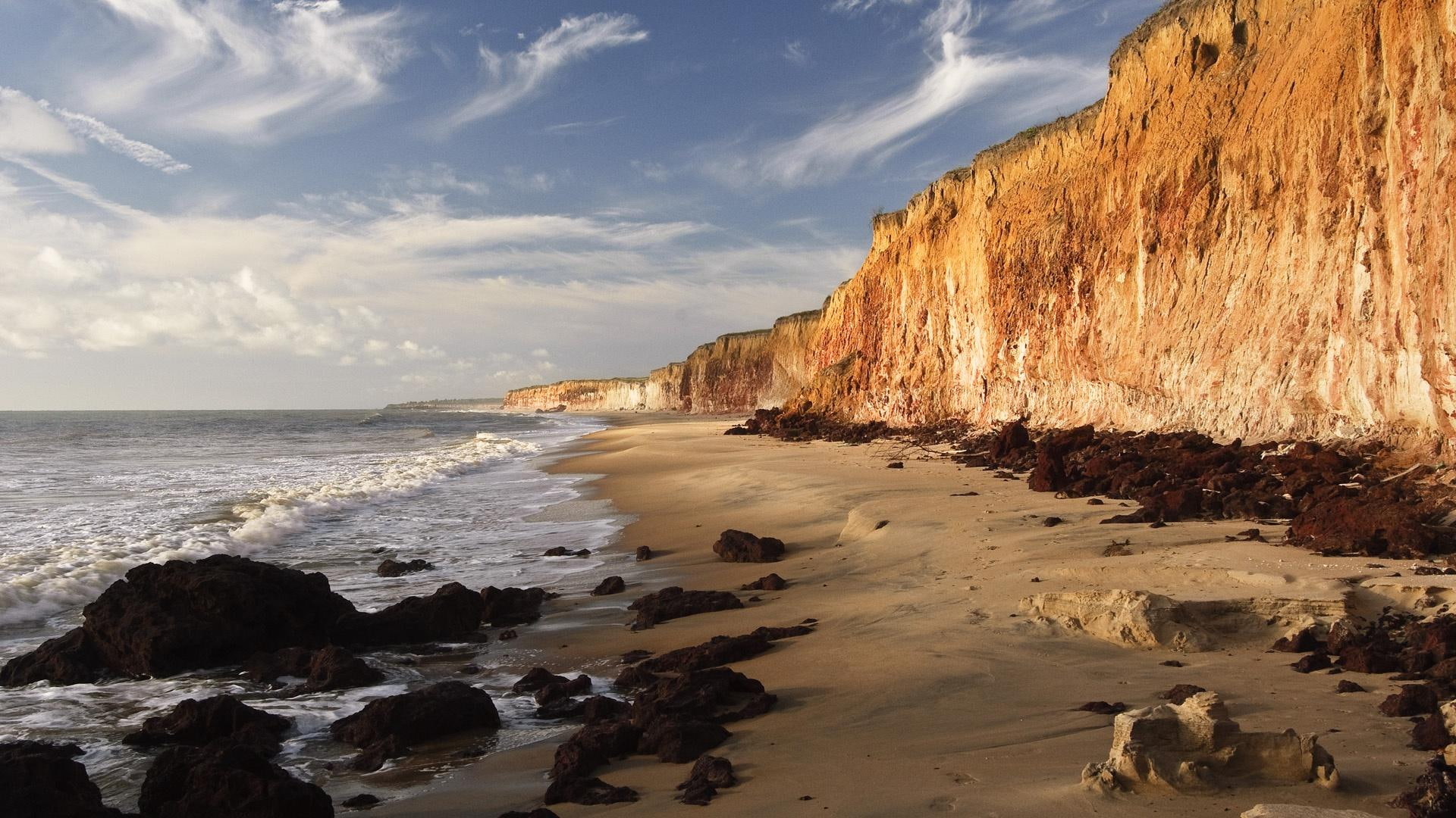 beach, nature and landscapes, dourada, 1080P, brazil, rocks, cliffs, bahia, costa, HD Wallpaper