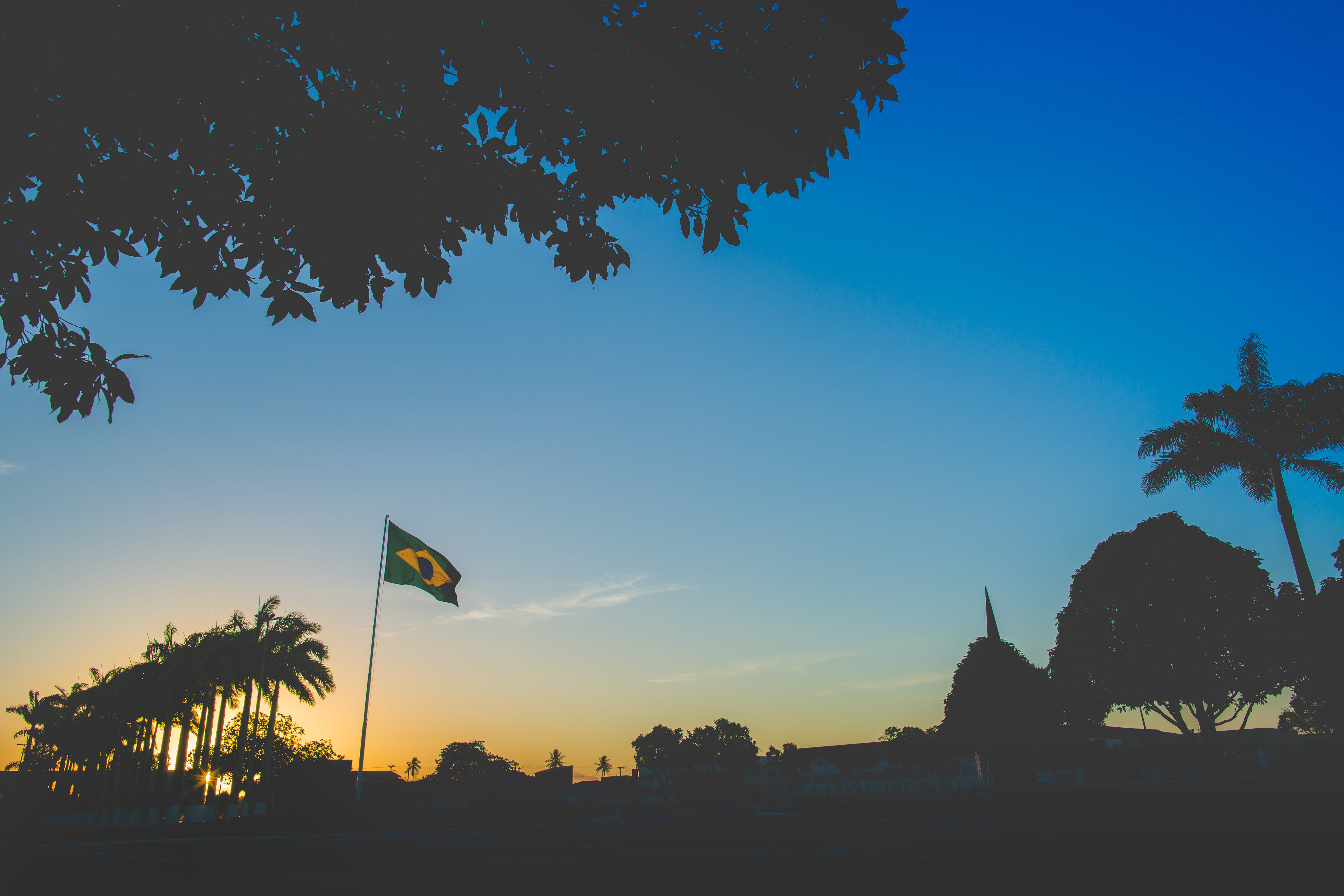 architecture, orange color, sun, coqueiro, bahia adventist college - iaene, college, flag, university, silhouette, clear sky, sunset, growth, blue, beauty in nature, HD Wallpaper