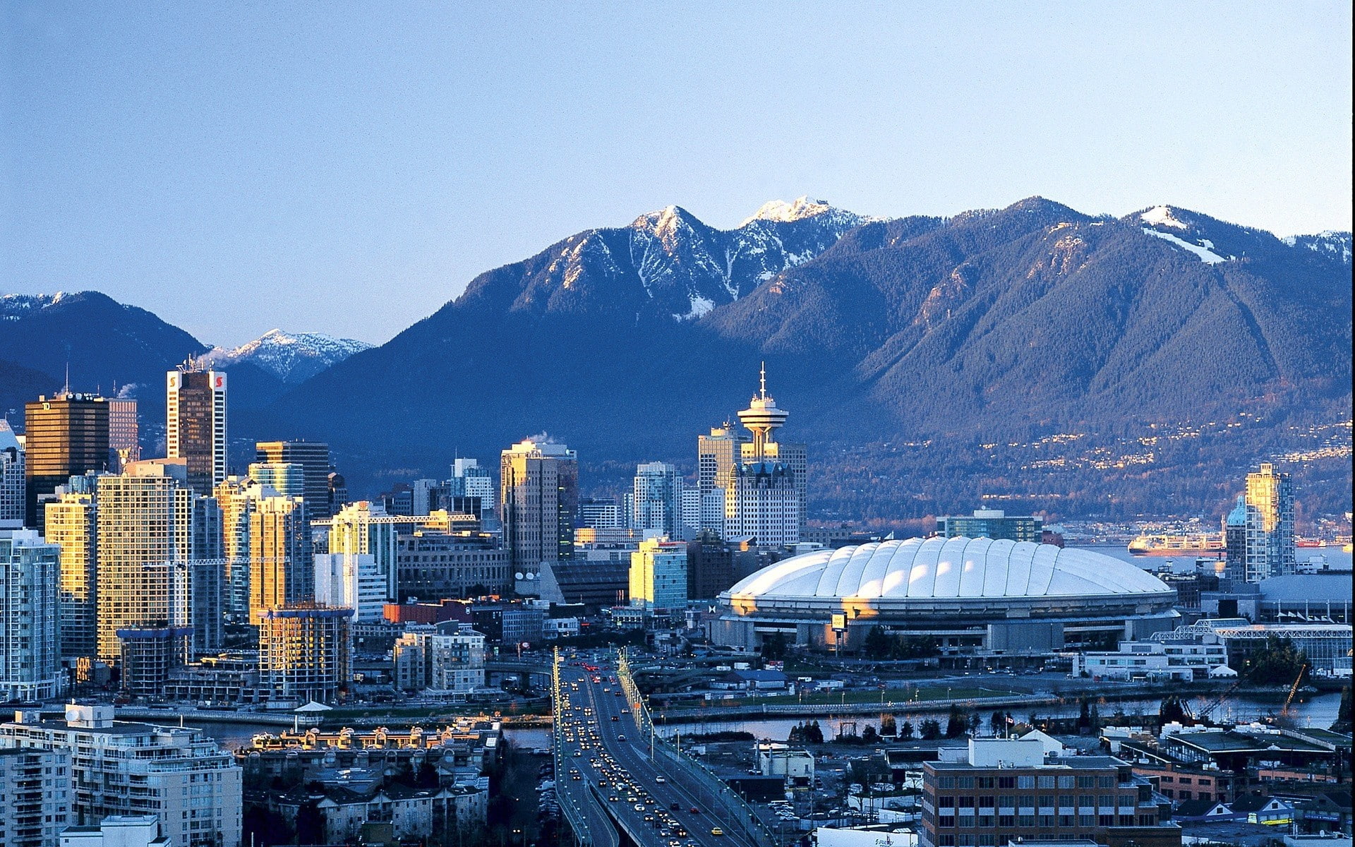built structure, mountain range, blue, no people, high angle view, Vancouver, urban skyline, landscape, office building exterior, mountain, building exterior, HD Wallpaper