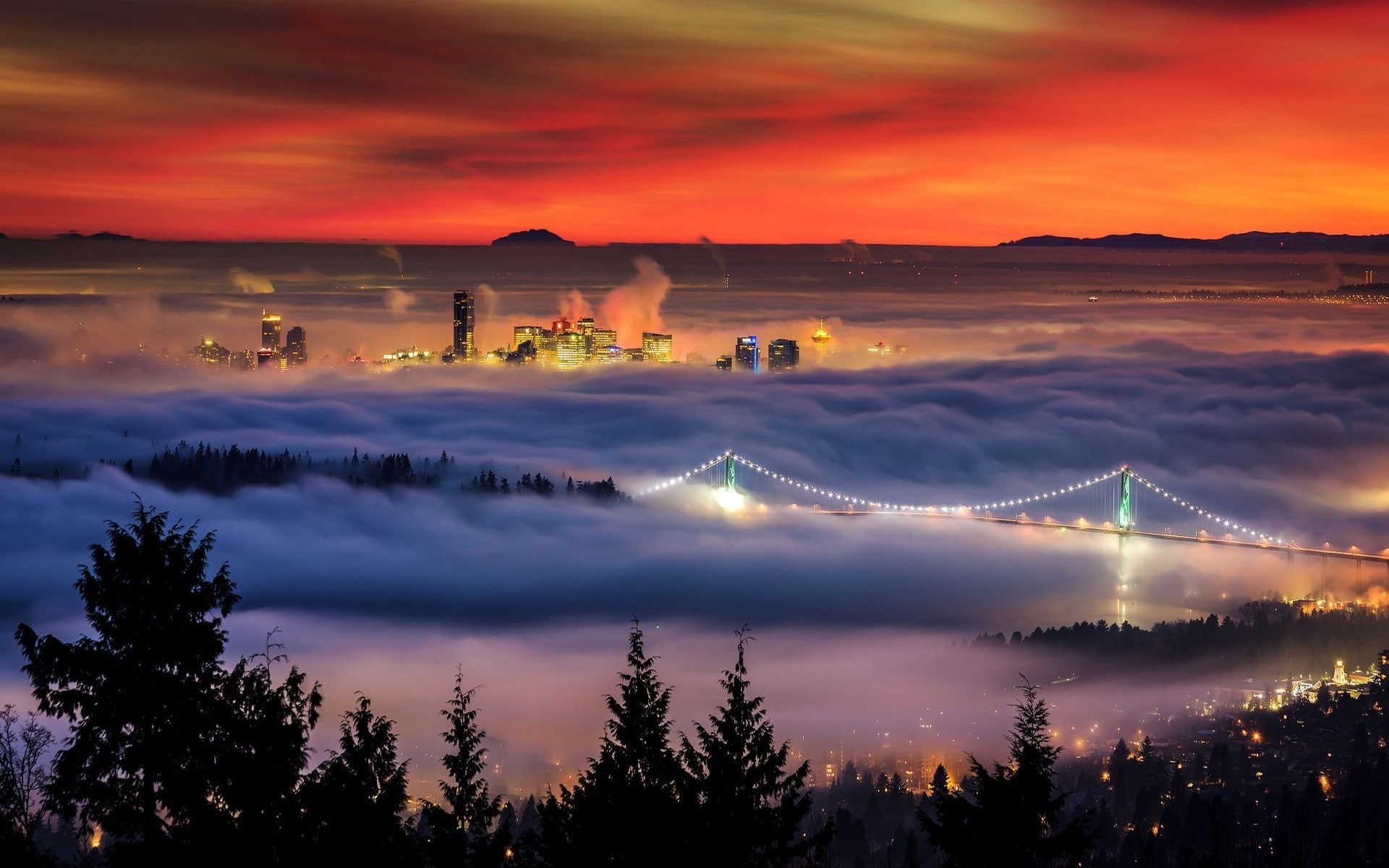 landscape, trees, Vancouver, nature, bridge, lights, building, cityscape, sunset, 1080P, mist, HD Wallpaper