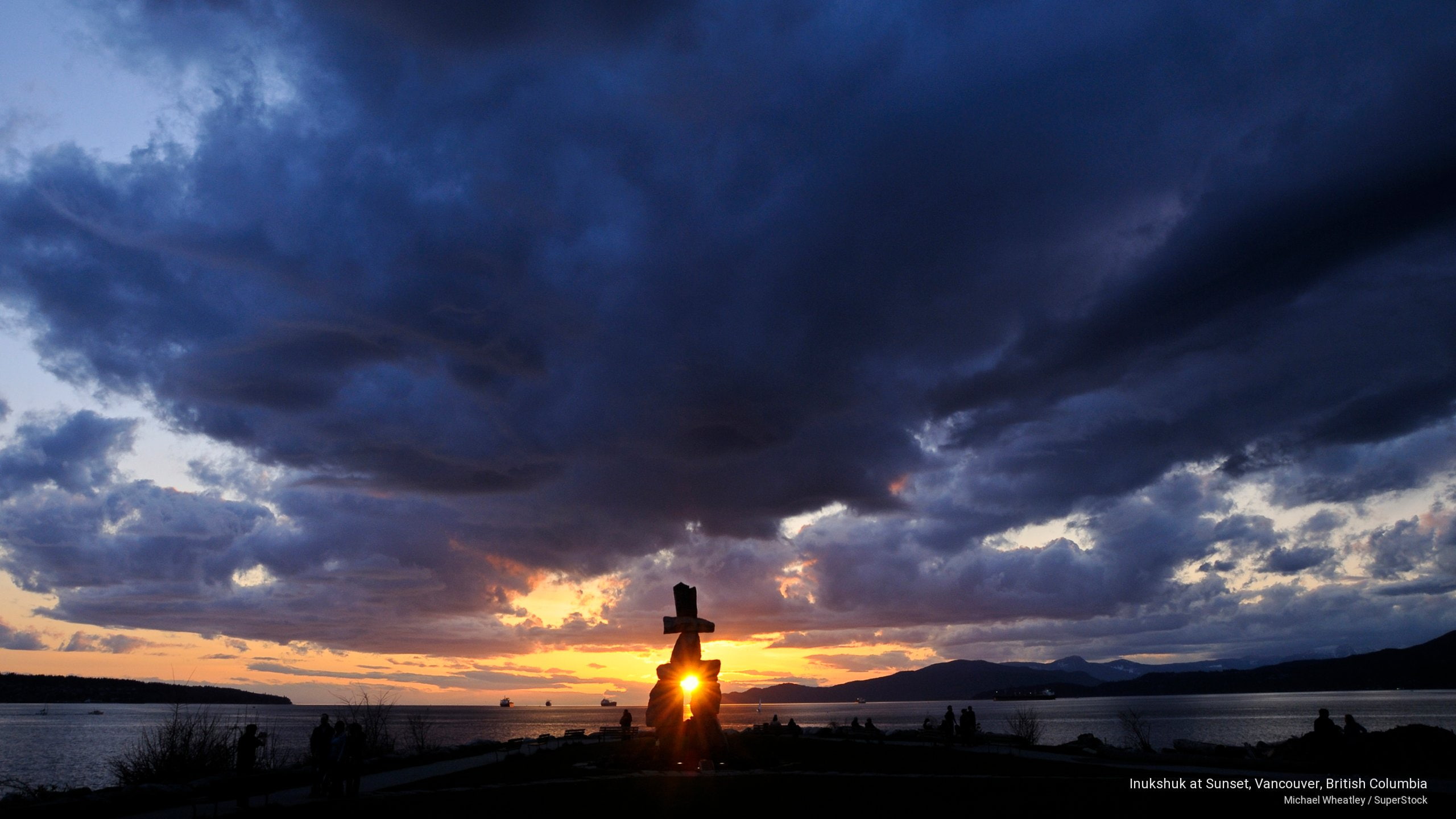 2K, Sunrises/Sunsets, british, columbia, vancouver, sunset, inukshuk, HD Wallpaper