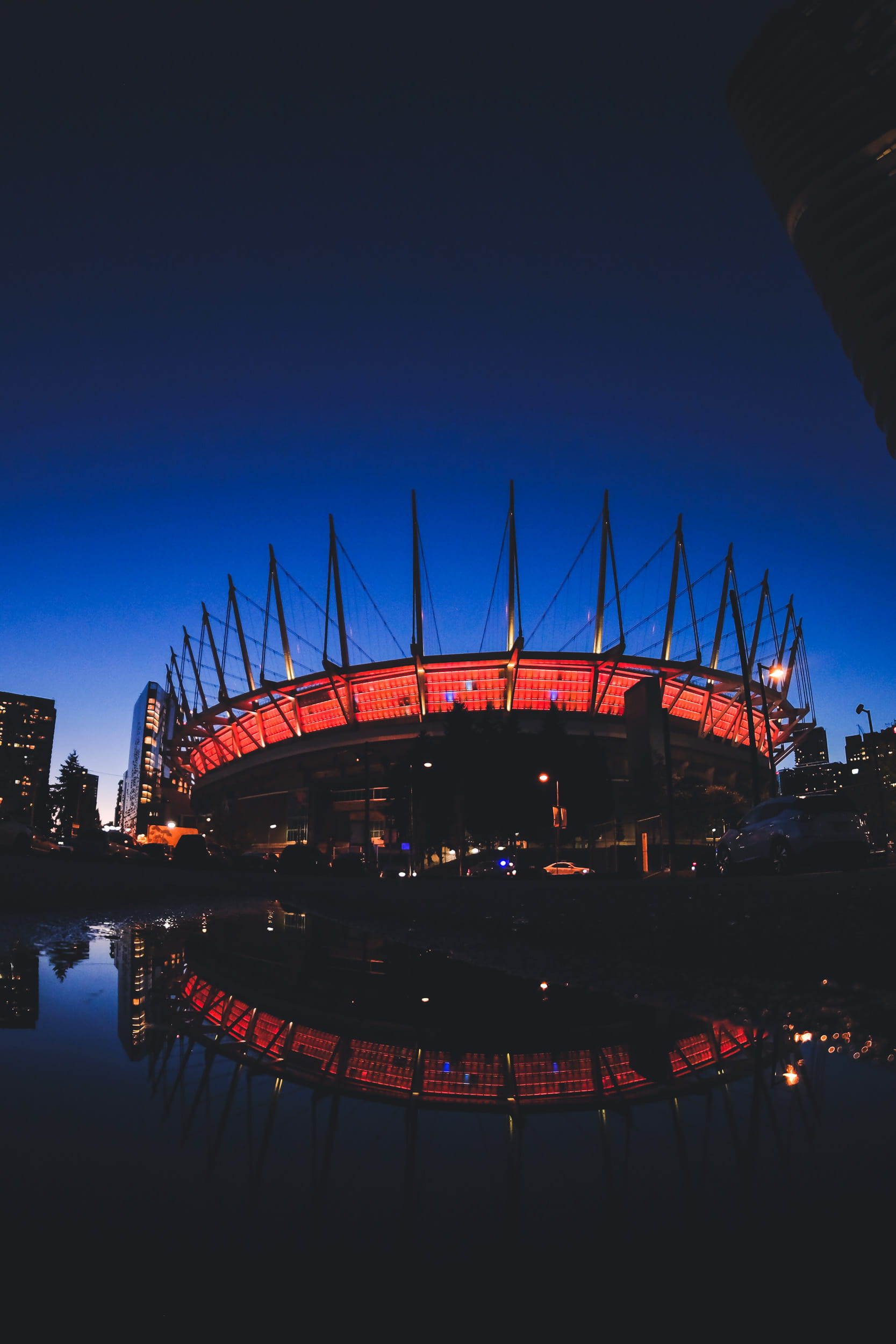 blue, architecture, bc place, sunset, lights, water, illuminated, no people, fisheye, reflection, dusk, river, transportation, 1080P, sky, outdoors, nature, Phone HD Wallpaper