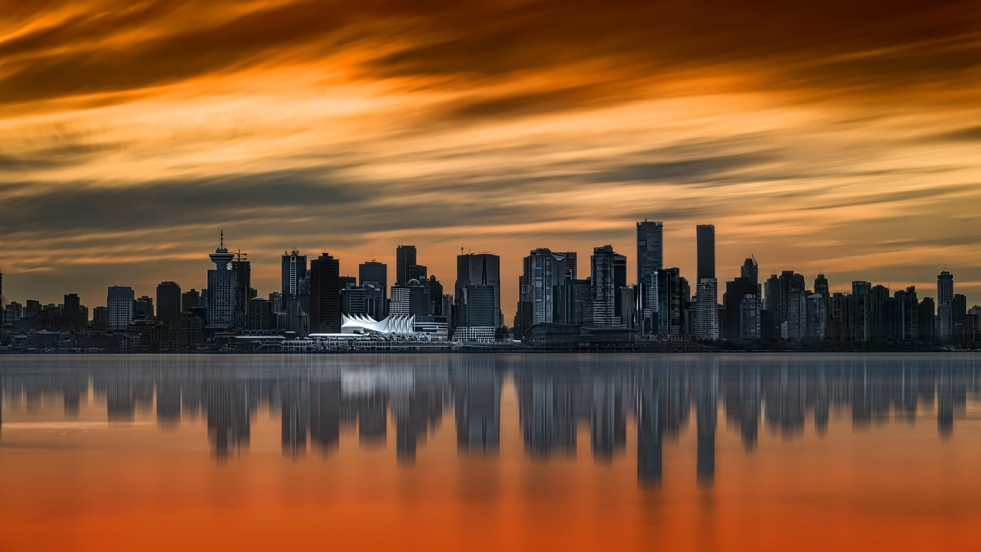 no people, architecture, urban skyline, orange sunrise, outdoors, office building exterior, orange color, water, built structure, modern, sunset, landscape, HD Wallpaper