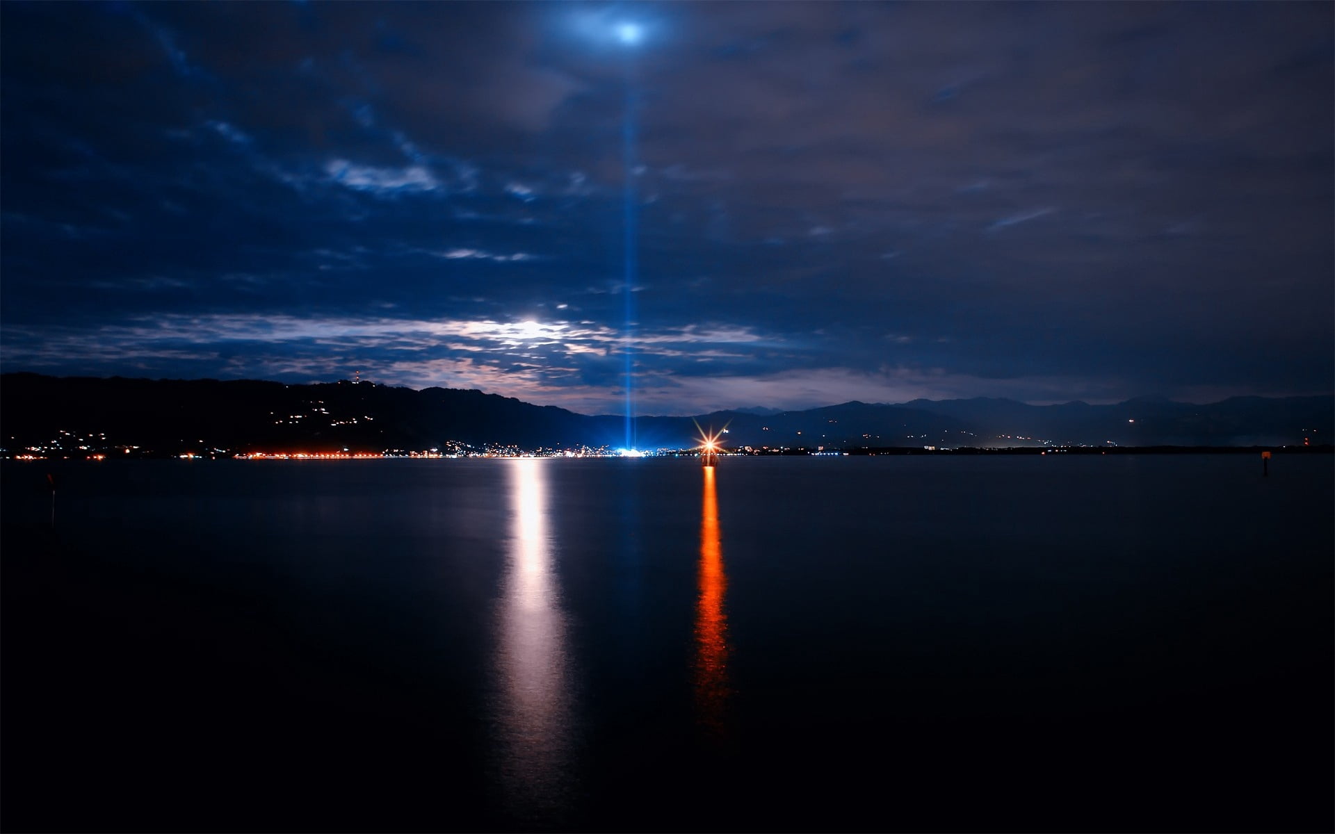 nature, light, nautical Vessel, long Exposure, laser, water, scenics, landscape, travel, moonlight, vancouver - Canada, coastline, sky, tranquil scene, HD Wallpaper