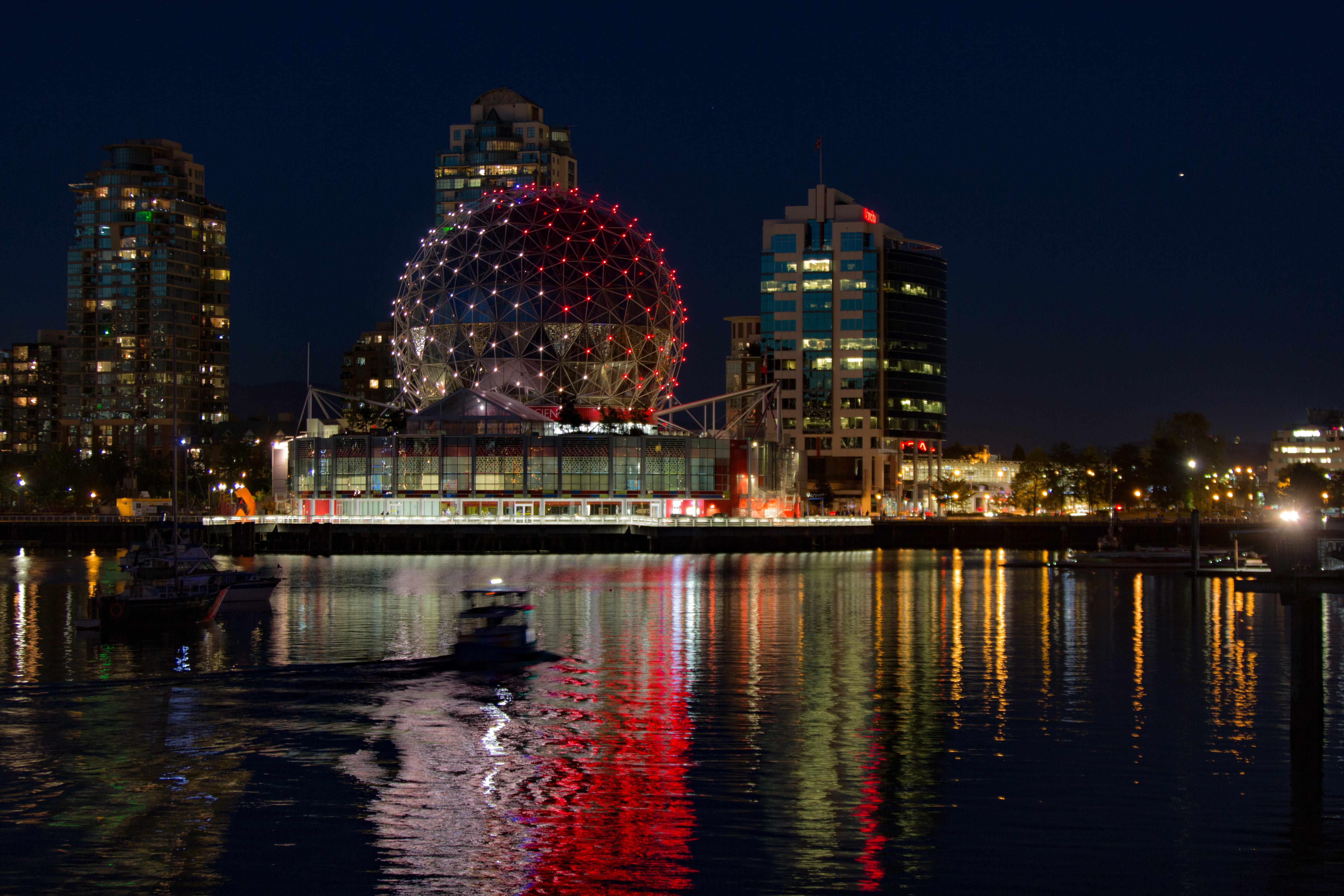 tourism, no people, city, canada, bc, modern, summer, illuminated, building exterior, skyline, sky, reflection, night, waterfront, cityscape, harbour, boat, HD Wallpaper