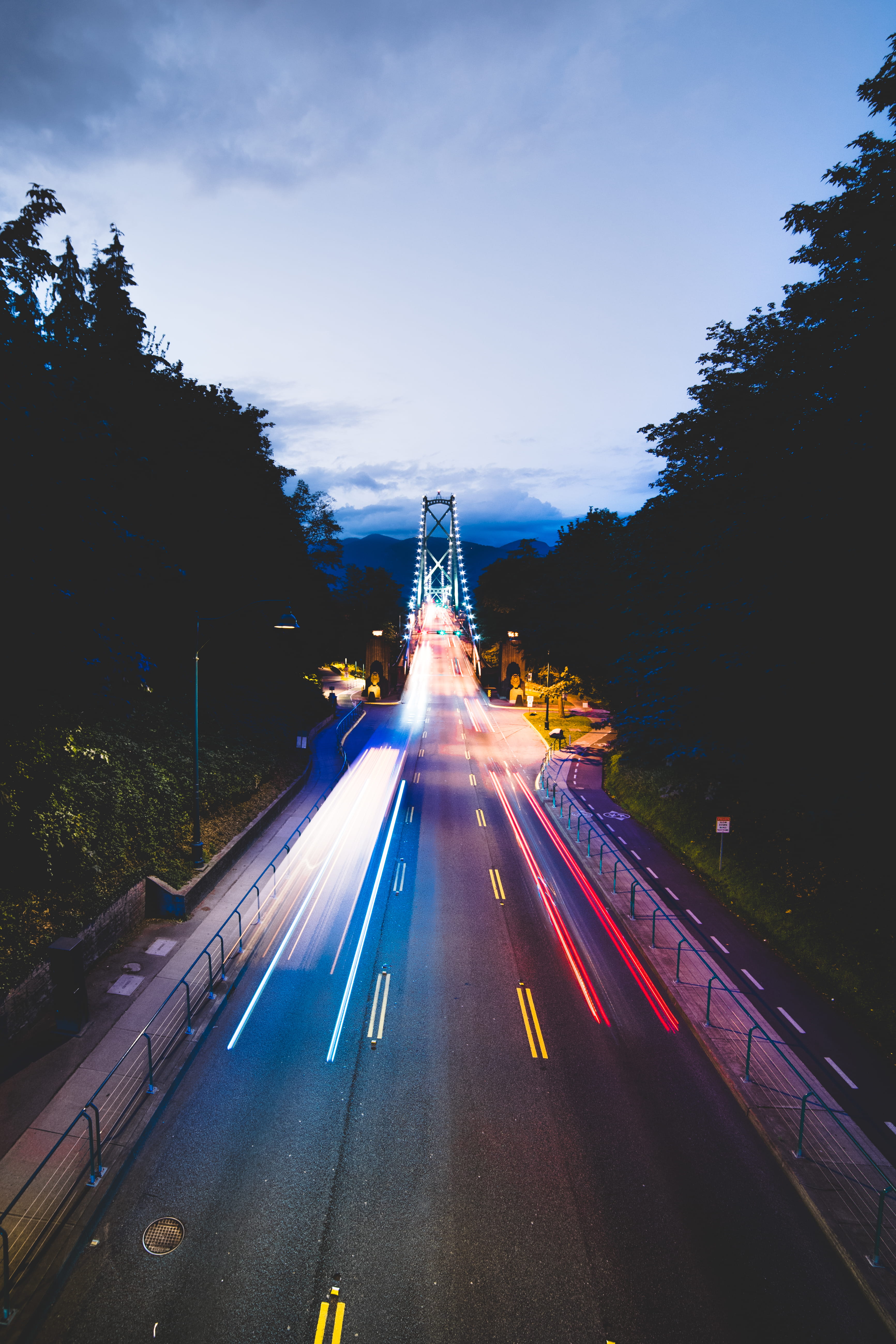 motion, street, illuminated, diminishing perspective, sky, glow, red, architecture, forest, motor vehicle, tree, light, the way forward, speed, nature, Phone HD Wallpaper