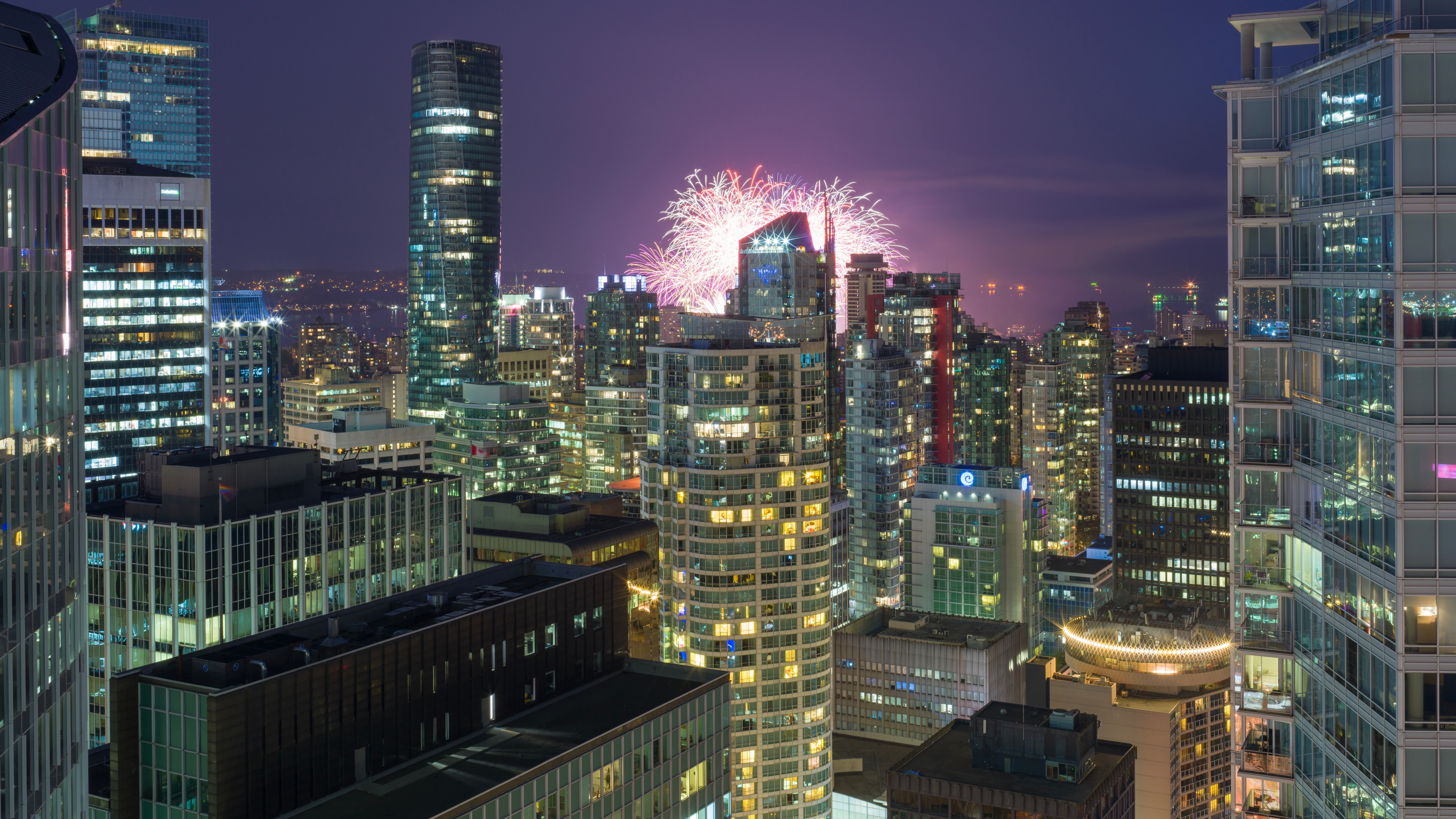 8K, night, canada, british columbia, celebration, buildings, skyscrapers, downtown, metropolitan, pyrotechnics, bc, evening, fireworks, cityscape, vancouver, HD Wallpaper
