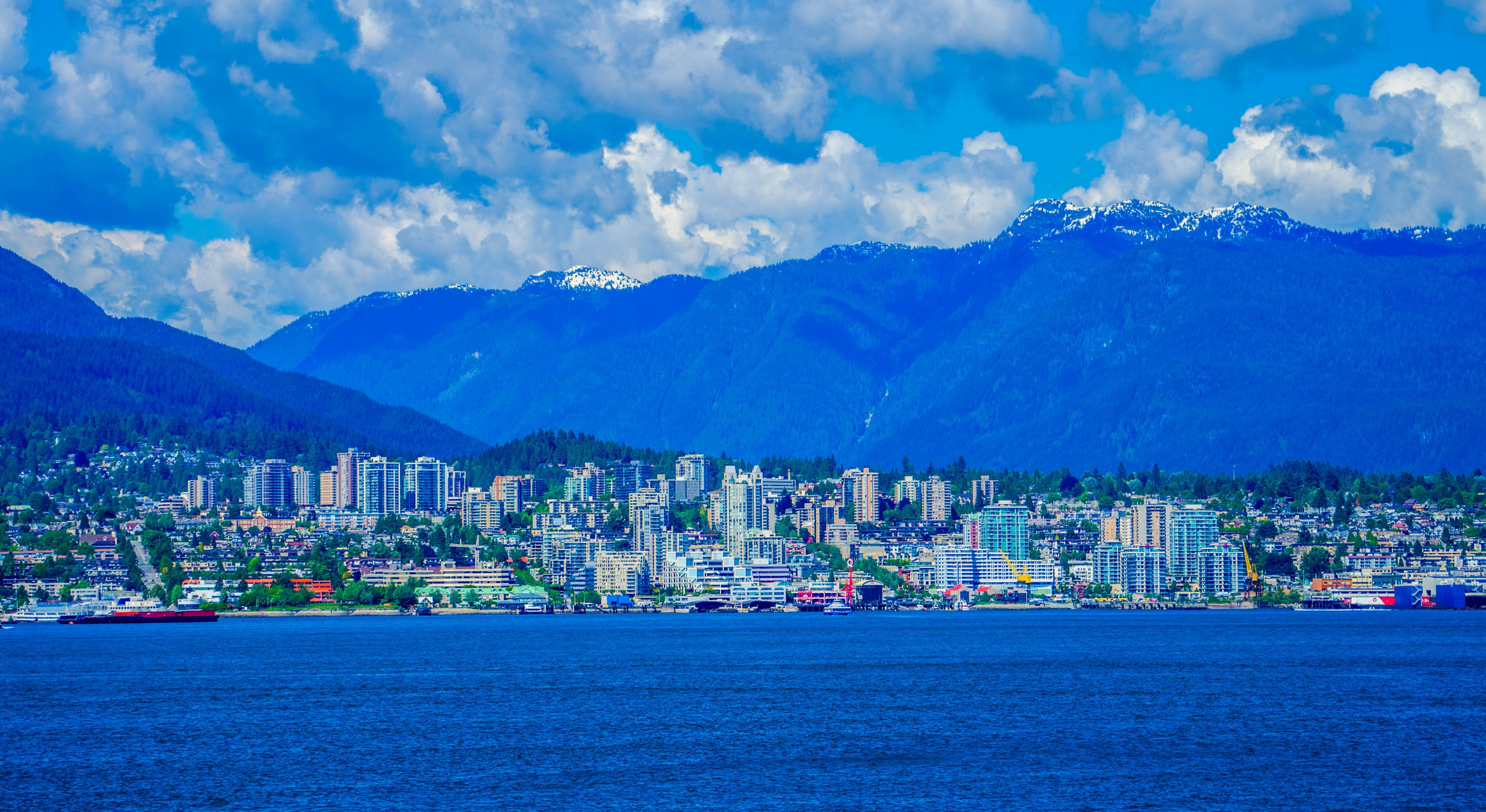 skyscraper, waterfront, mountain peak, nature, cityscape, vancouver, transportation, outdoors, built structure, water, canada, day, city, mountain, cloud - sky, HD Wallpaper