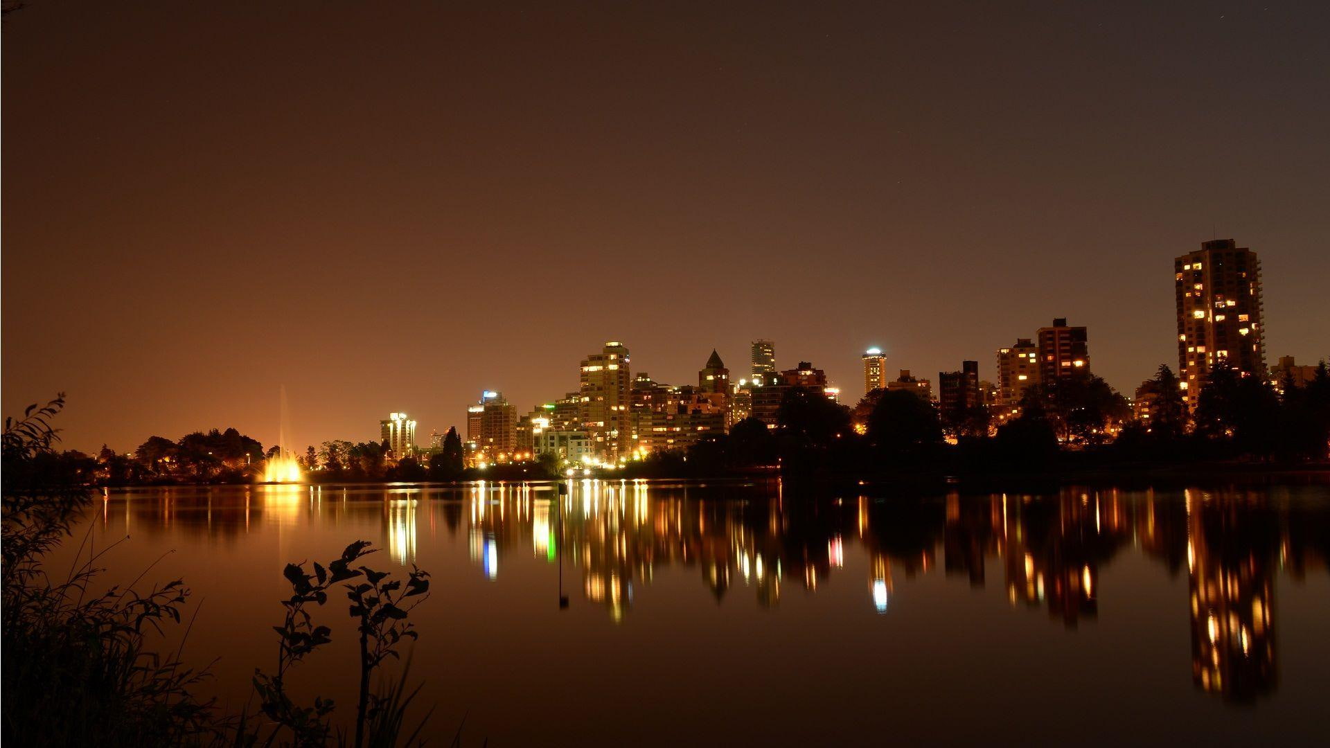 vancouver, night, lights, cityscapes, downtown, 1080P, reflection, nature and landscapes, evening, nature, HD Wallpaper