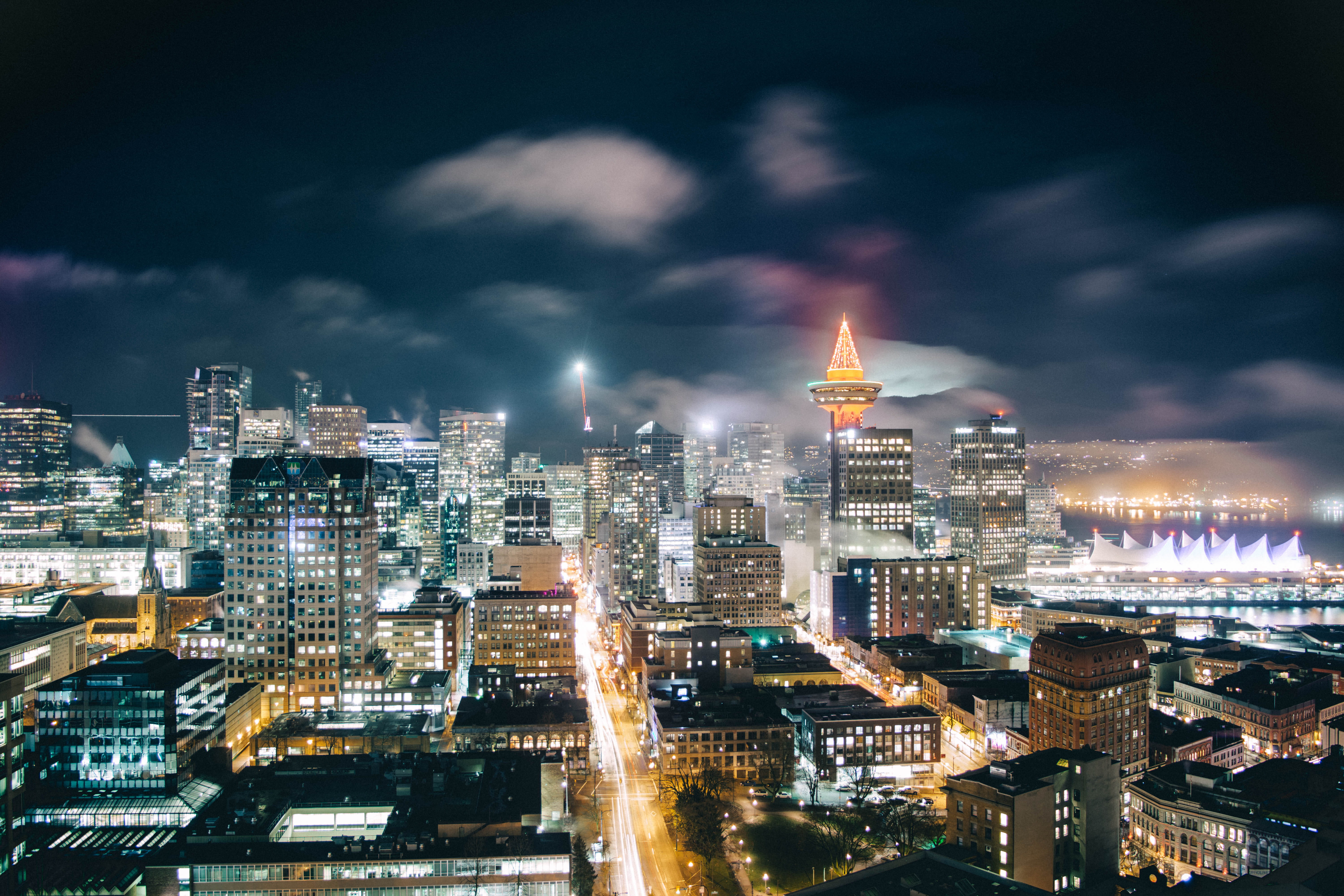 spire, skyscraper, financial district, high rise, gray, cloud - sky, road, vancouver, canada, modern, landscape, cityscape, building, scenery, illuminated, HD Wallpaper
