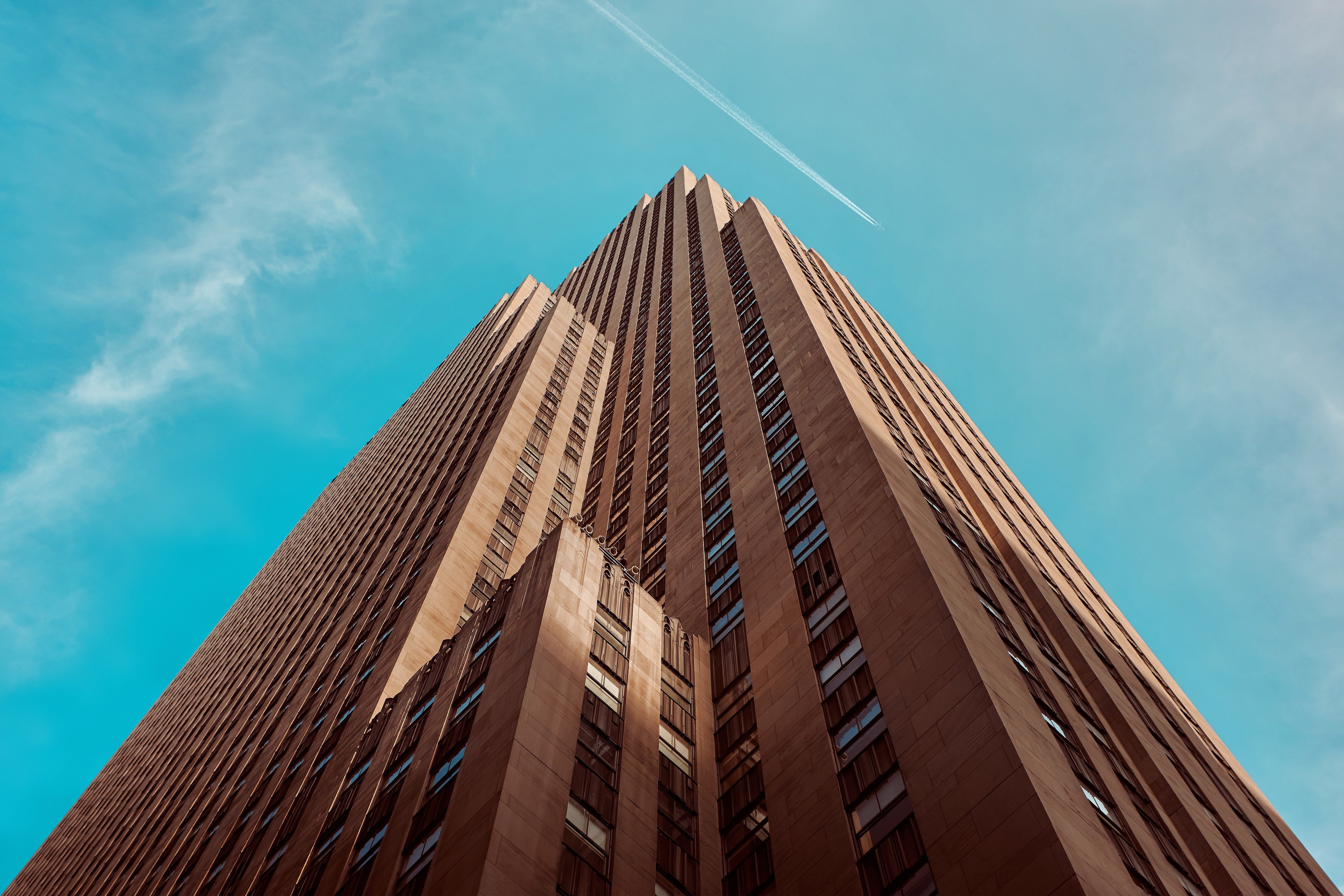 low angle view, blue, no people, built structure, office, modern, city, tall - high, building exterior, building, sky, office building exterior, outdoors, HD Wallpaper
