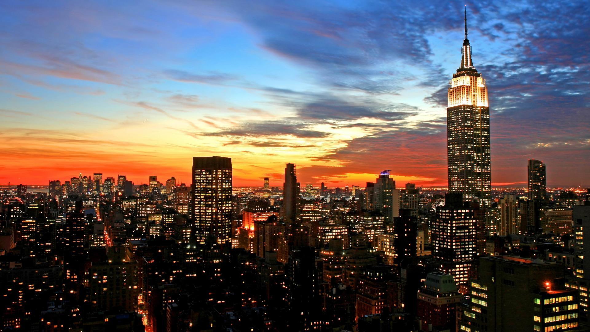 skyscrapers, city, 1080P, spectacular, clouds, nature and landscapes, nyc, sunset, lights, photography, scape, HD Wallpaper