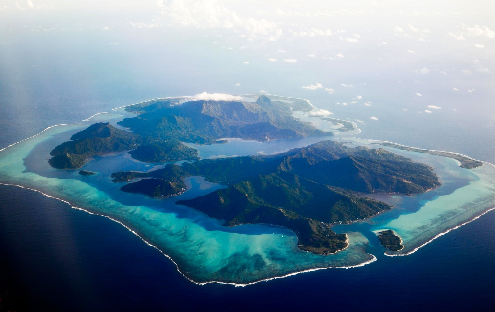 island, 1080P, beach, landscape, French Polynesia, nature, sea, clouds, tropical, atolls, aerial view, mountains, HD Wallpaper