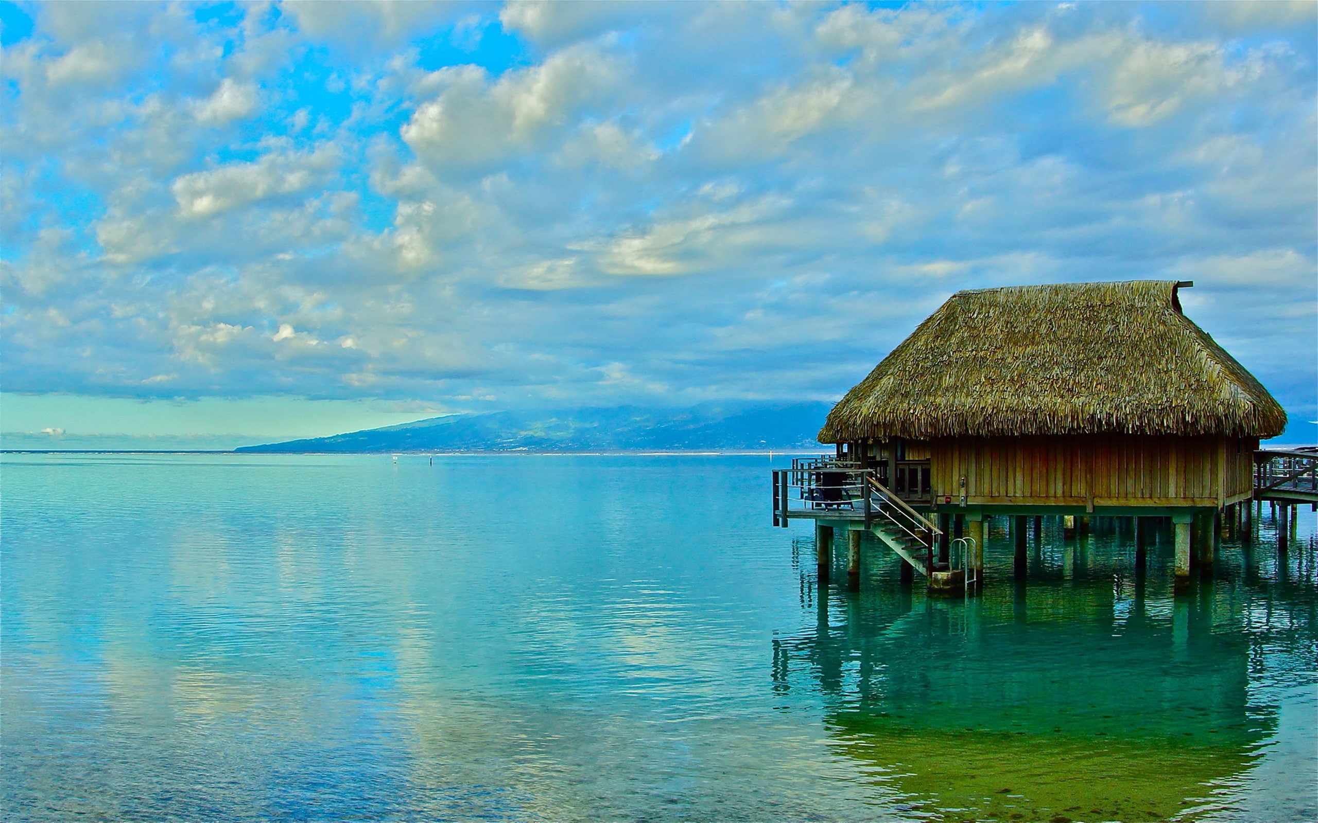 french, 2K, moorea, tropics, sea, bungalow, sky, nature, polynesia, HD Wallpaper