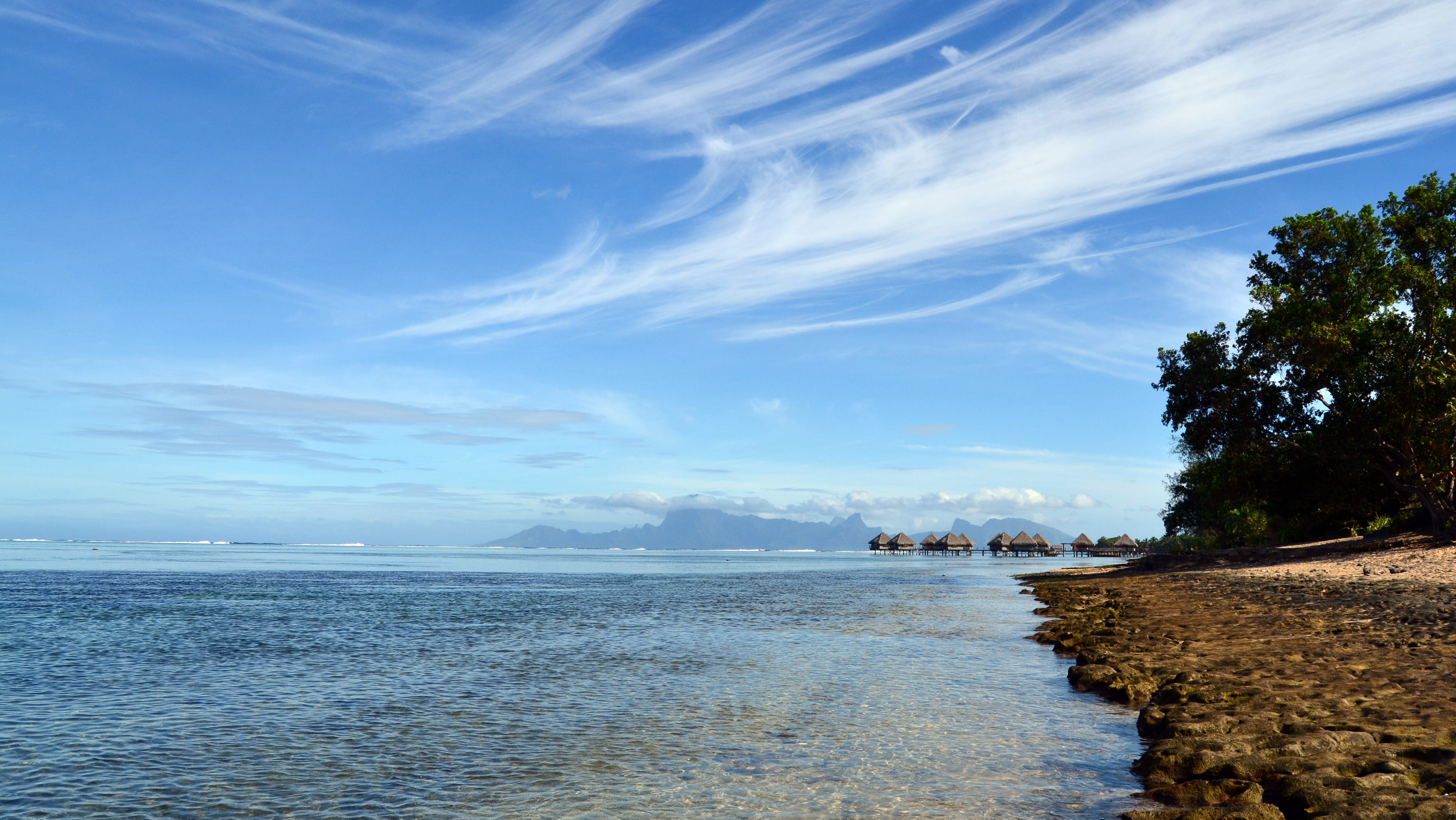 beach, polynesia, non-urban scene, no people, cloud - sky, horizon, land, scenics - nature, clouds, plant, outdoors, tranquil scene, sky, sea, water, tranquility, HD Wallpaper