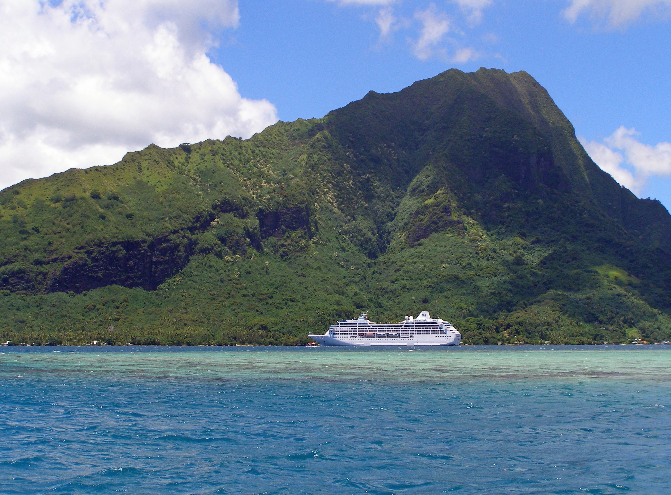 tropical, mountain, bay, cloud - sky, beauty in nature, no people, nautical vessel, ship, cruise, luxury, mode of transportation, tranquility, nature, polynesia, HD Wallpaper