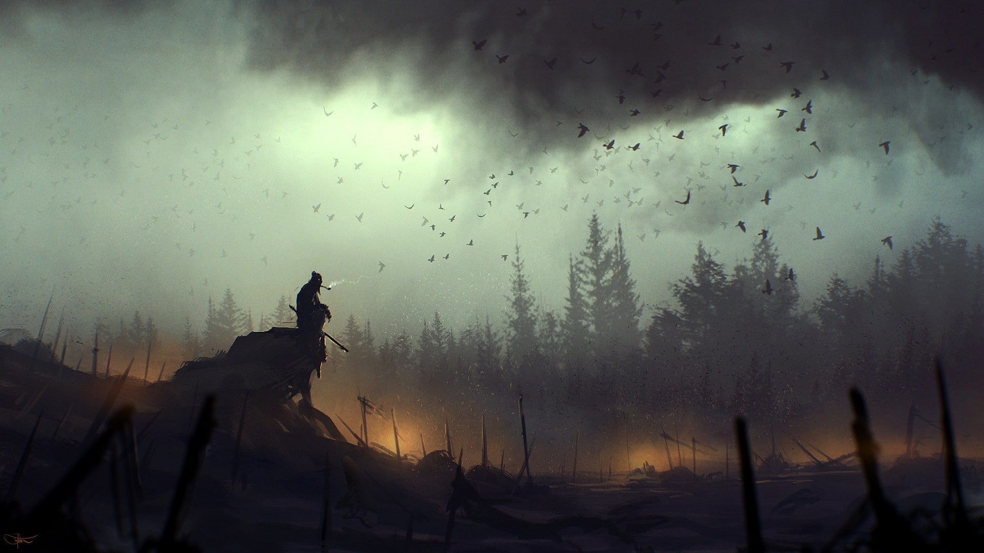person, smoking, birds, trees, hd, 1080P, fantasy, HD Wallpaper