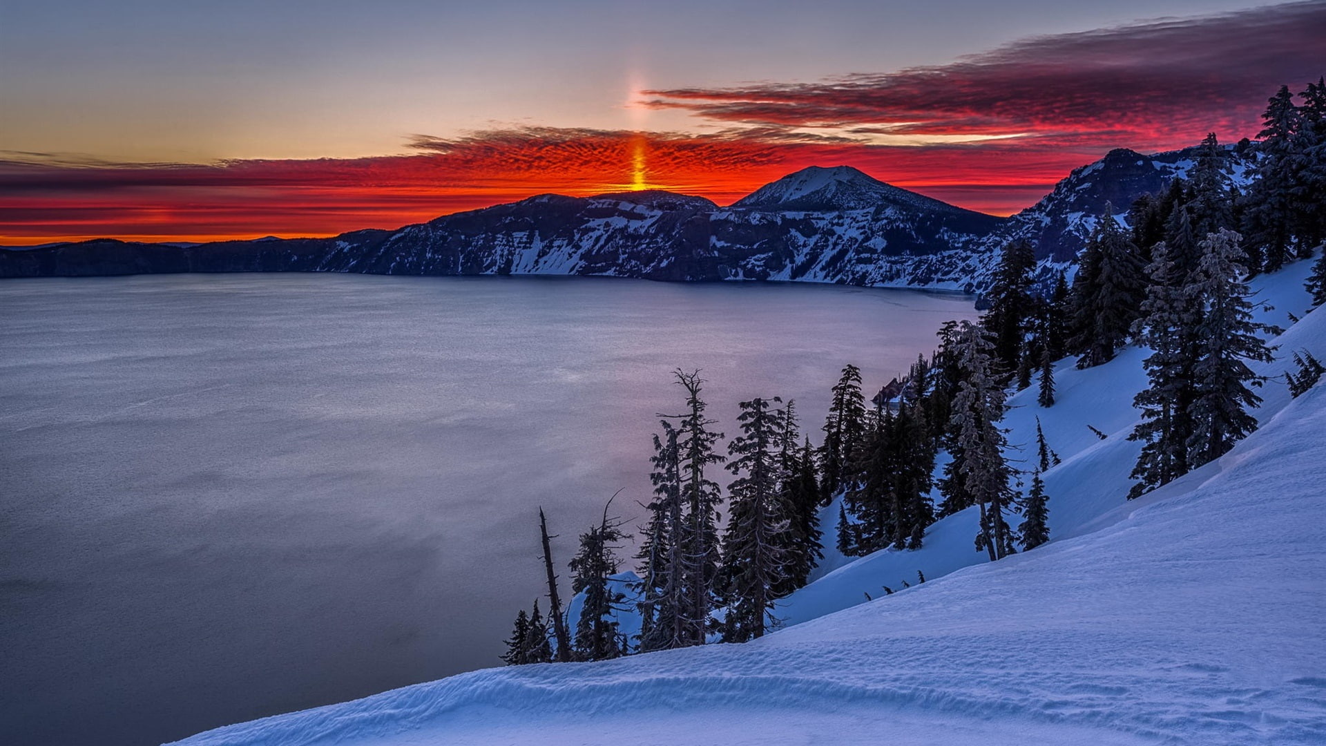 Winter, Crater, Snow, Mountains, 1080P, Sunrise, Lake, Dawn, HD Wallpaper