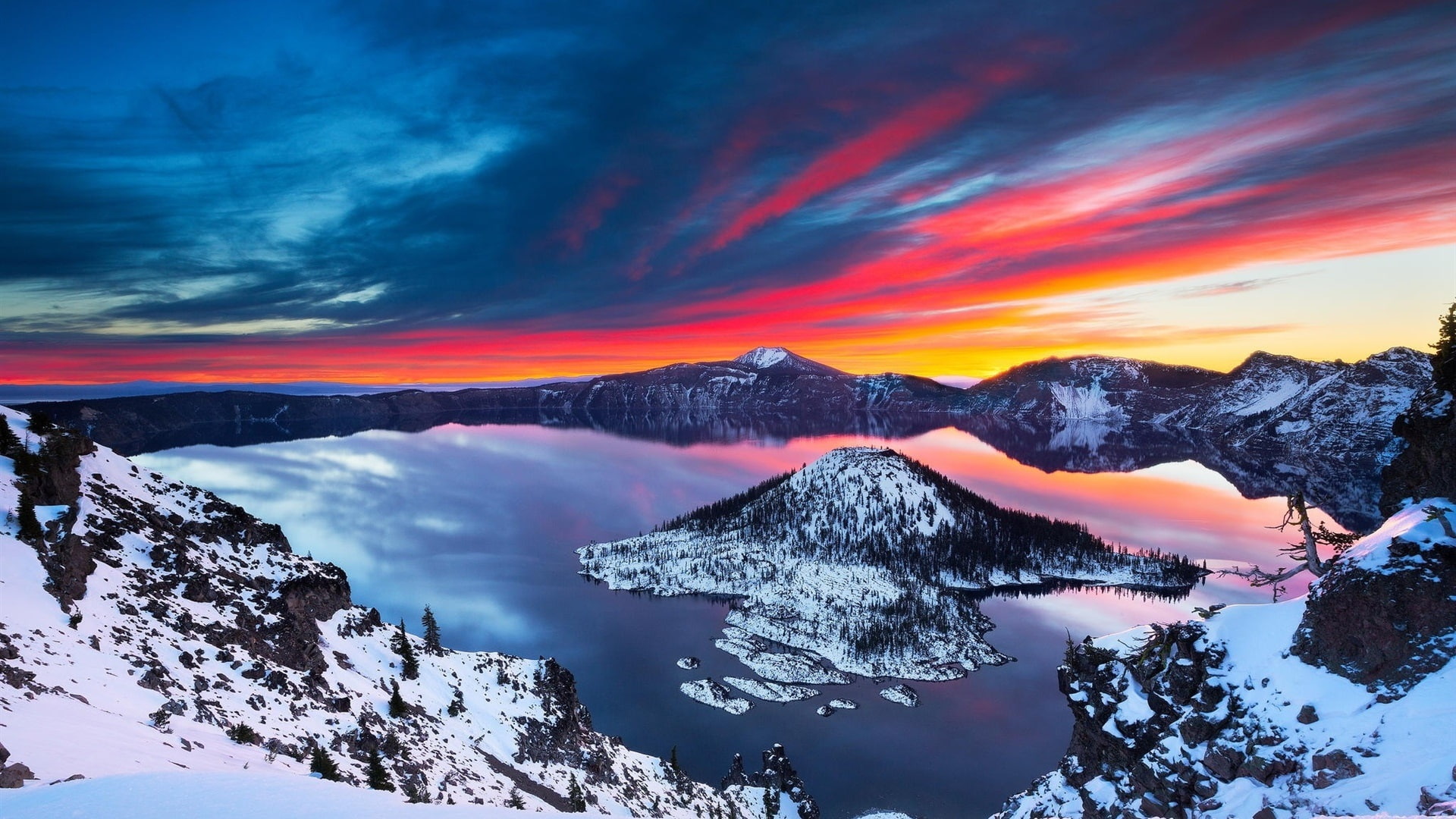 Mountains, Sunrise, 1080P, Lake, Snow, Winter, Clouds, Beautiful, Crater, HD Wallpaper