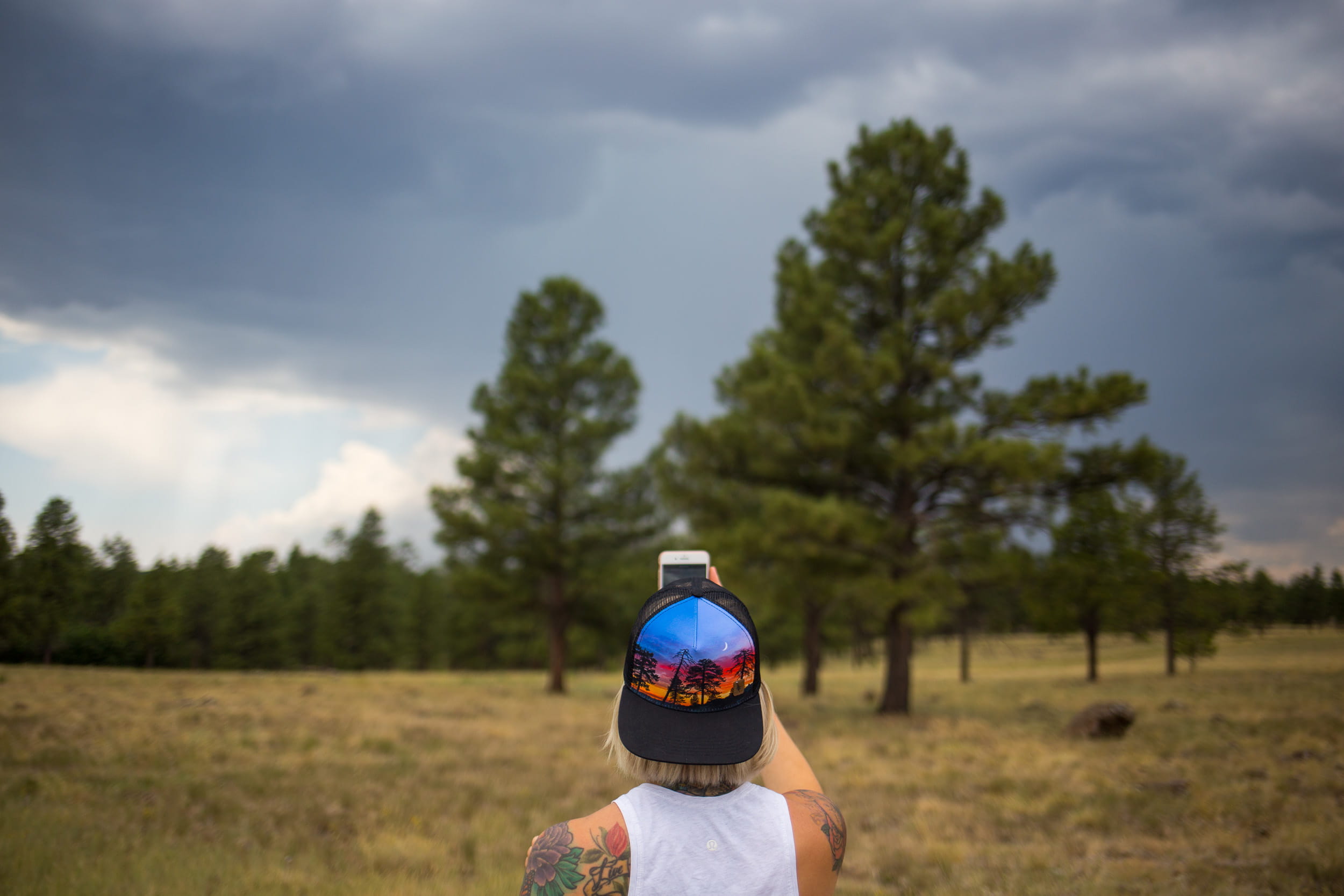 outdoors, adult, cloud - sky, trees, united states, sky, day, phone, hairstyle, lifestyles, focus on foreground, field, buffalo park, environment, hat, HD Wallpaper