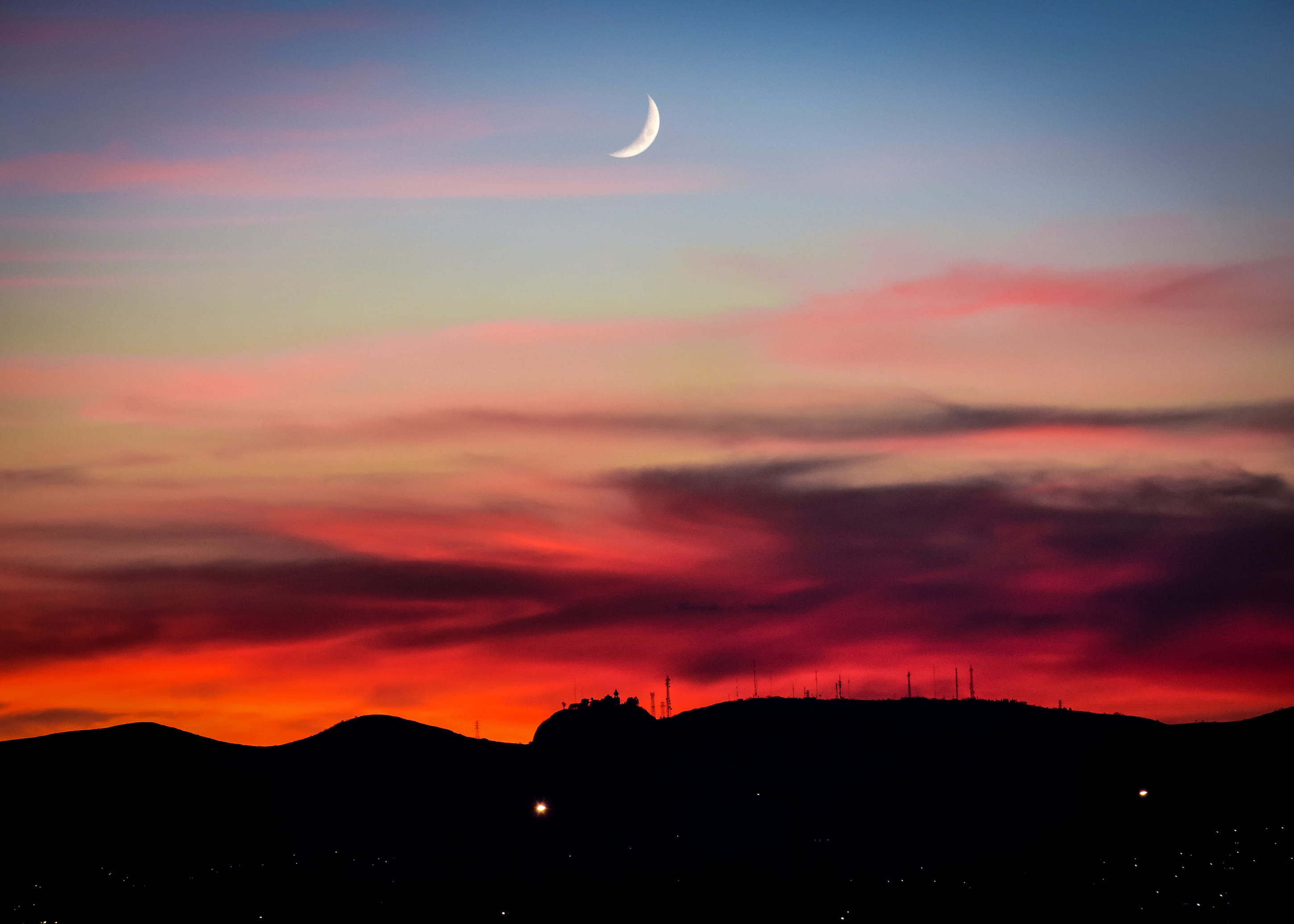 outdoors, waxing, crescent, sunset, silhouette, astronomy, space, scenics - nature, puebla, romantic sky, orange color, tranquil scene, 2K, mexico, beauty in nature, HD Wallpaper