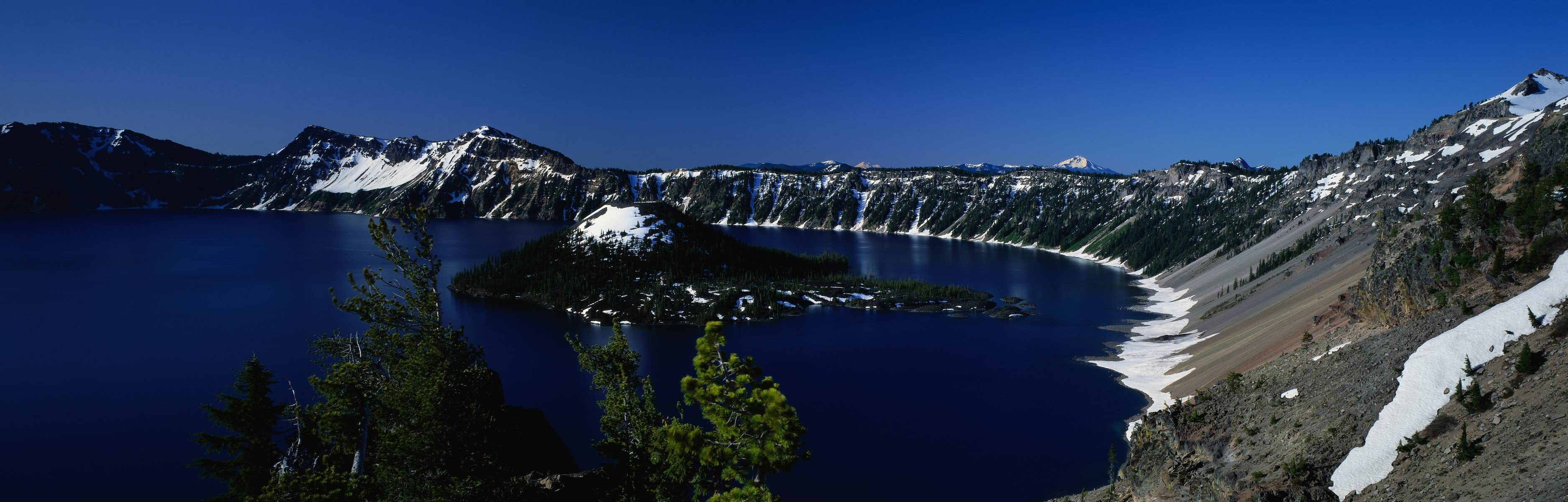 beauty in nature, water, mountain, landscape, pine woodland, clear sky, lake, 2K, pine tree, travel destinations, environment, scenics - nature, crater, HD Wallpaper