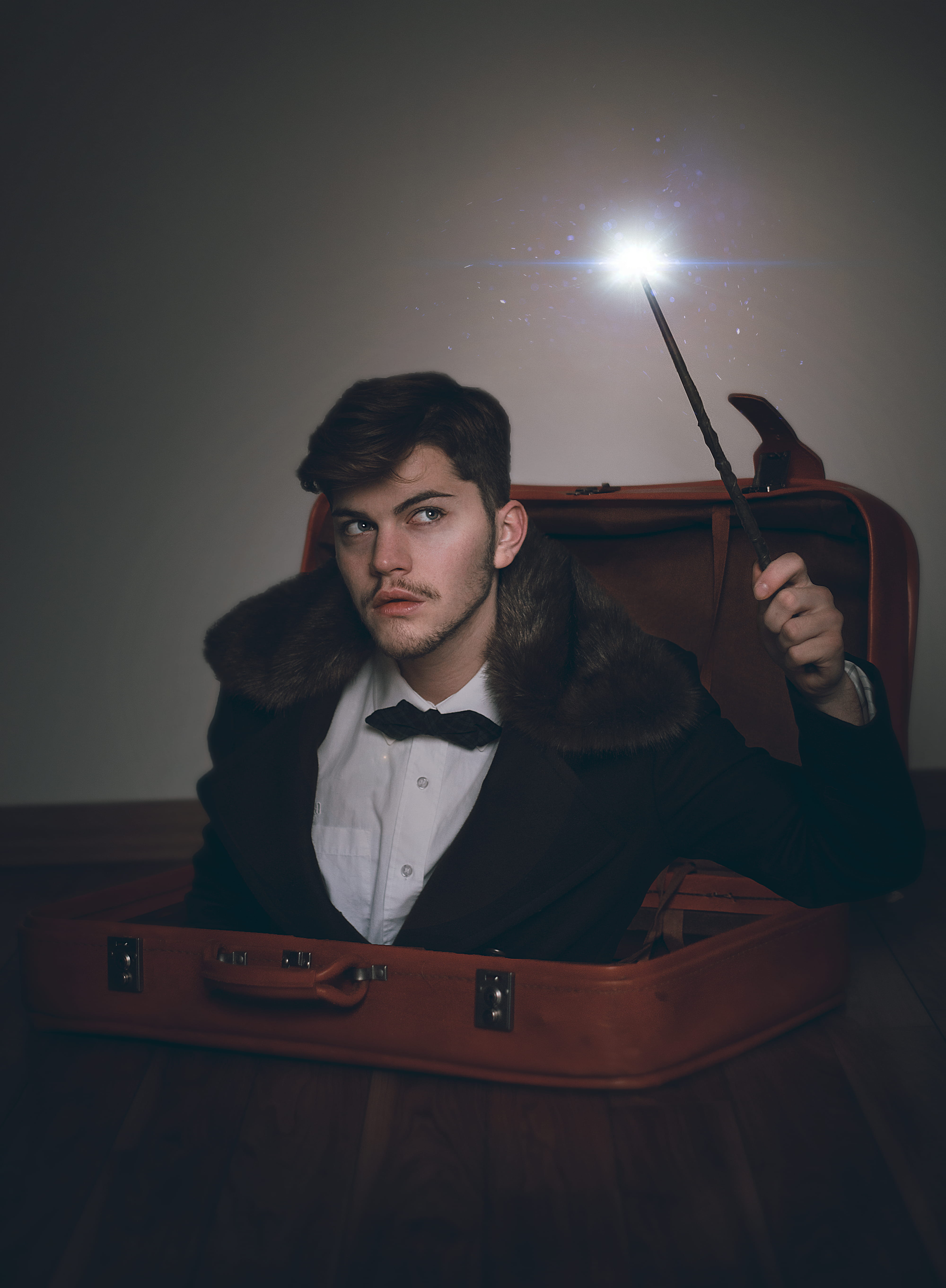 costume, retro Styled, bow Tie, magic wand, cosplay, serious, adult, fantastic beast, fashion, one Person, black, old-fashioned, night, tuxedo, Phone HD Wallpaper