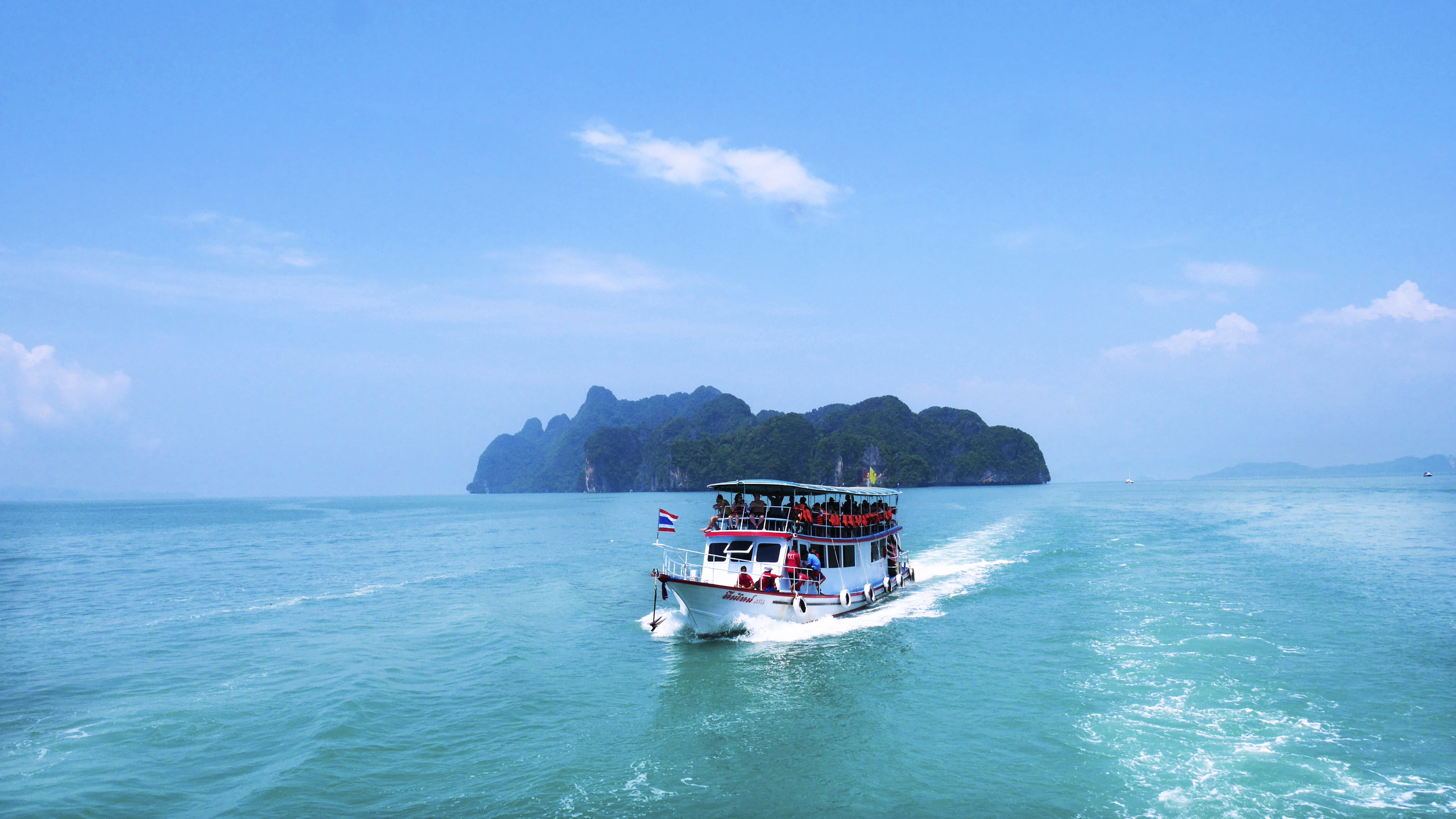 travel destinations, water, 4K, thailand, scenics - nature, nautical Vessel, motion, tropical, outdoors, vacations, land, holiday, blue, watercraft, horizon over water, HD Wallpaper