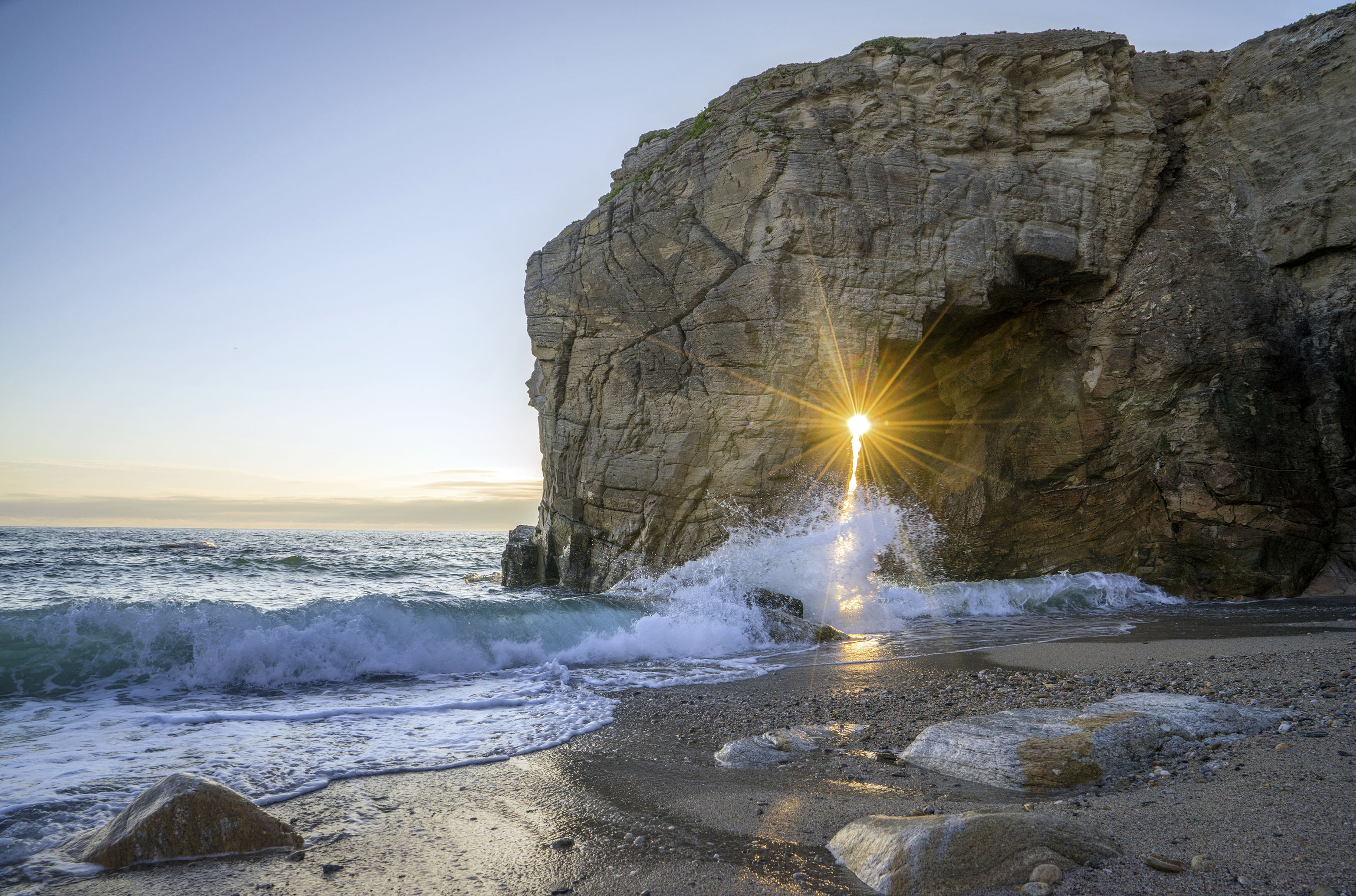 breaking, sea, nature, seashore, rock formation, scenics - nature, sun glare, beach, coastline, clear sky, land, motion, outdoors, landscape, aquatic sport, HD Wallpaper