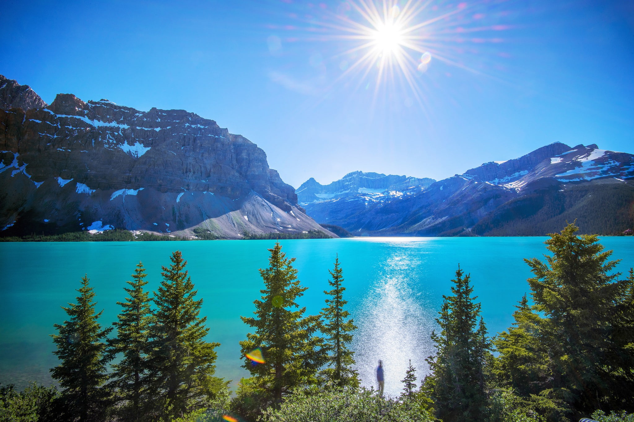 trees, mountains, 1080P, glare, Lake, sun, HD Wallpaper